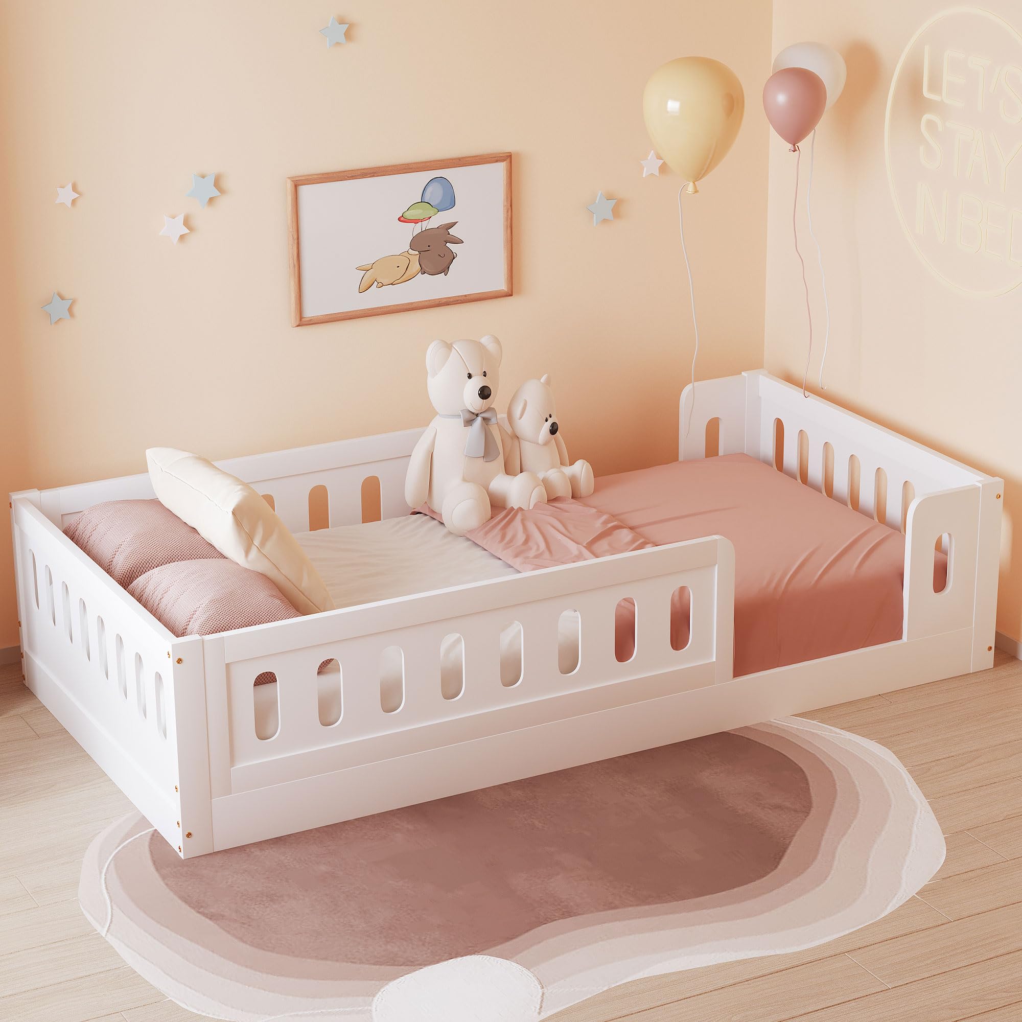 Twin Size Floor Bed Frame with Safety Fence