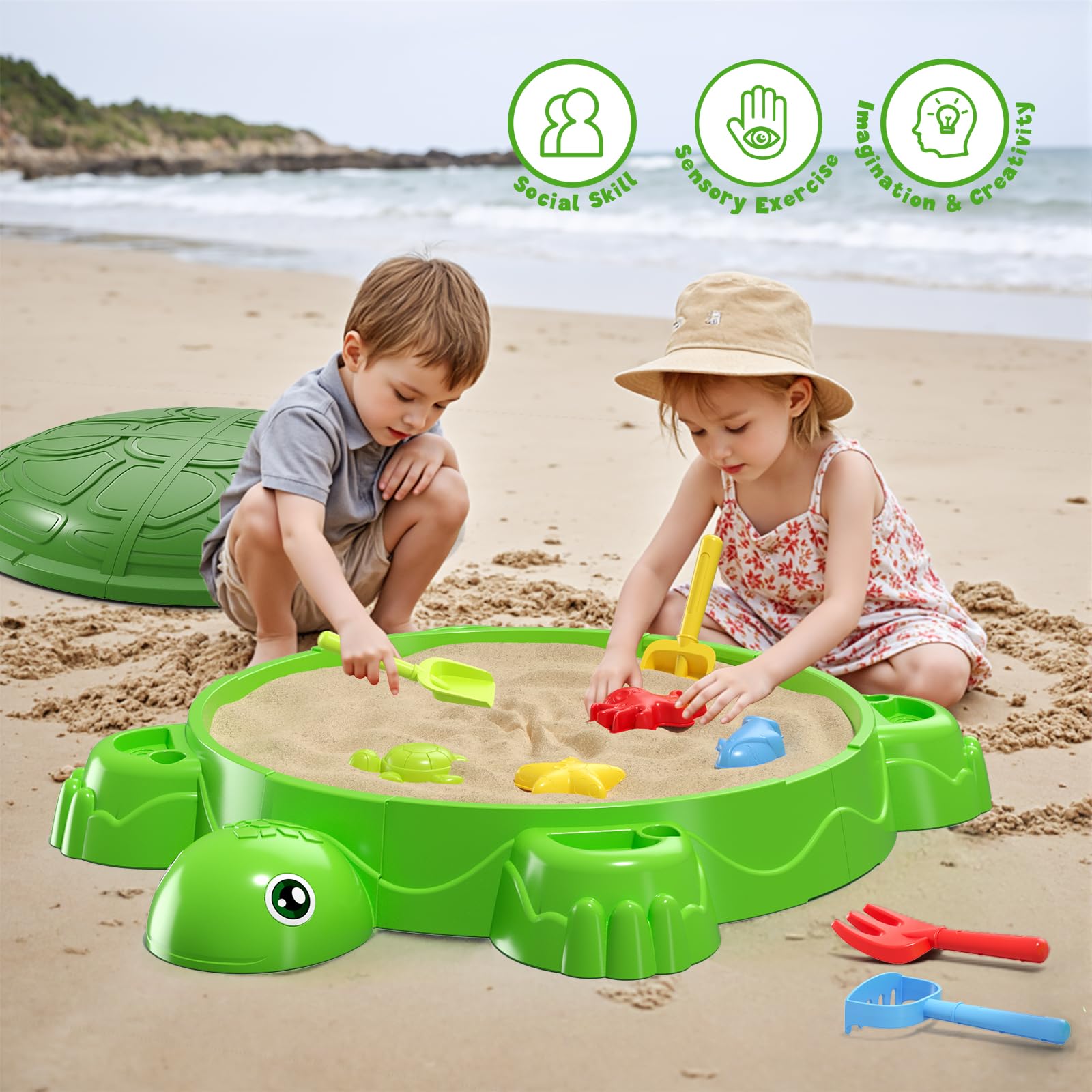 Turtle Sandbox with Lid and 8 Sand Toys