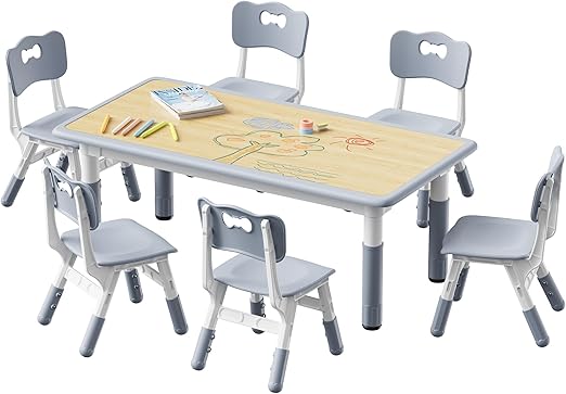 Table and 6 Chairs Set, Height Adjustable Toddler Desk and Chair Set