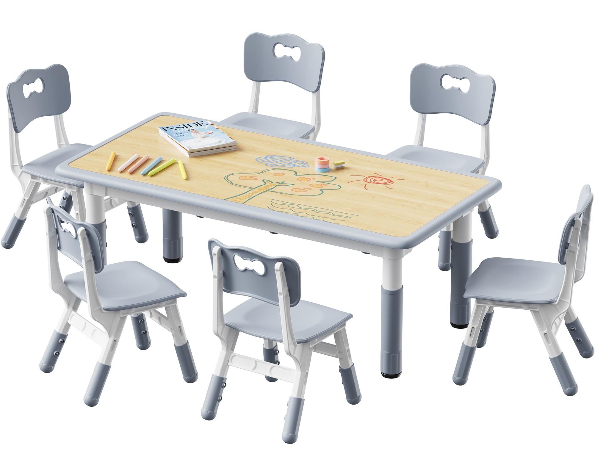 Table and 6 Chairs Set, Height Adjustable Toddler Desk and Chair Set