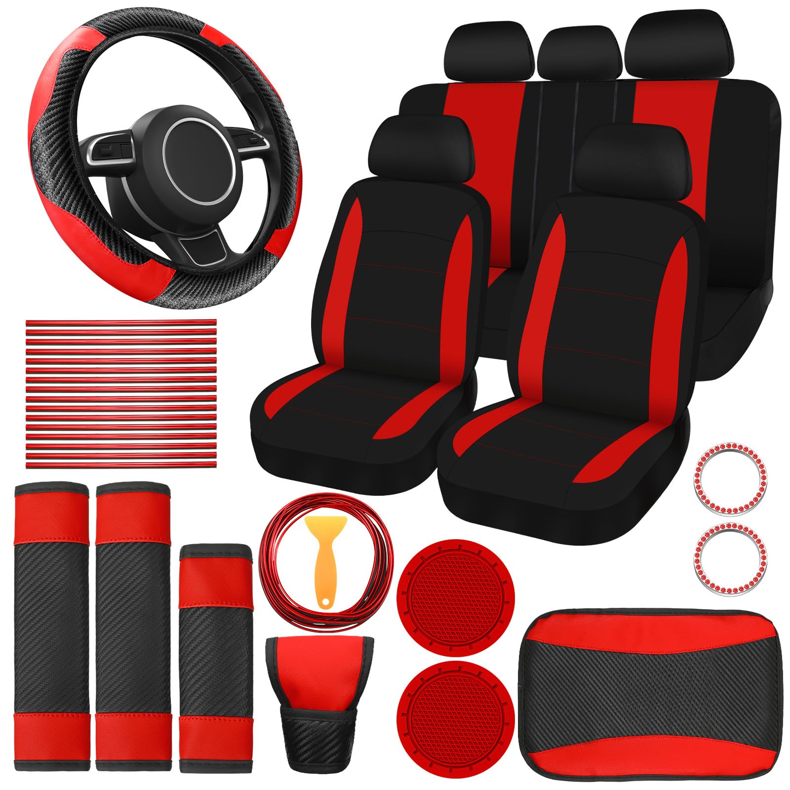 41 Pcs Black Red Car Accessories Set Automotive Seat Covers Steering