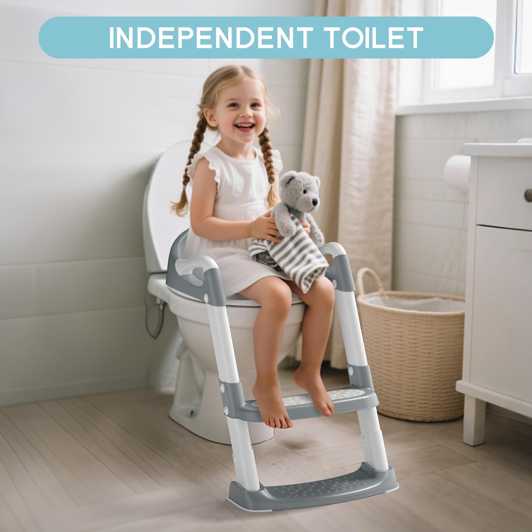 COOSEYA Potty Training Toilet with Step Stool Ladder, Toddler Kids Potty Training Seat for Boys Girls, Foldable Anti-Slip Toilet Toddler Seat Splash Guard Soft Cushion Safety Handles (Grey)