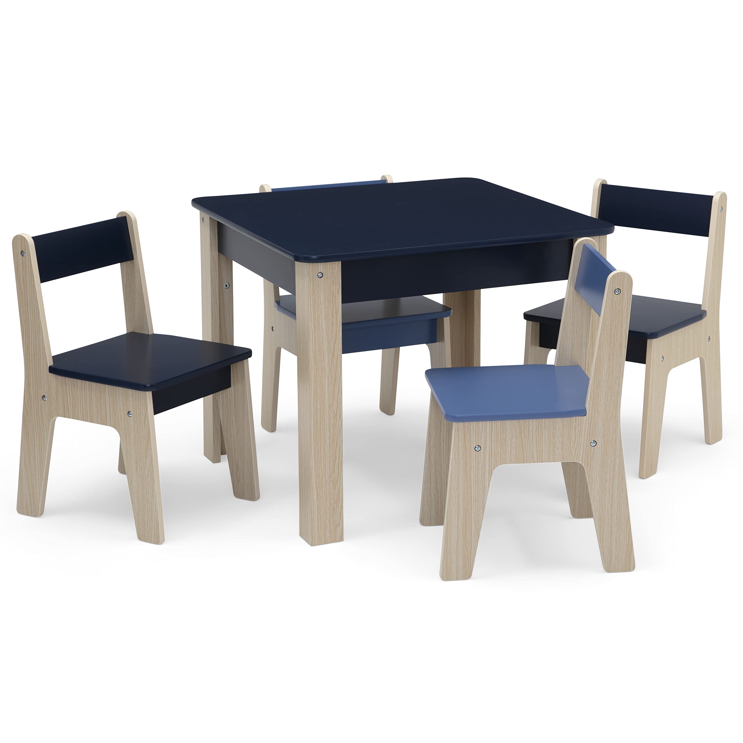 Wooden Round Table & 2 Chair Set with Center Mesh Storage - Pink & White