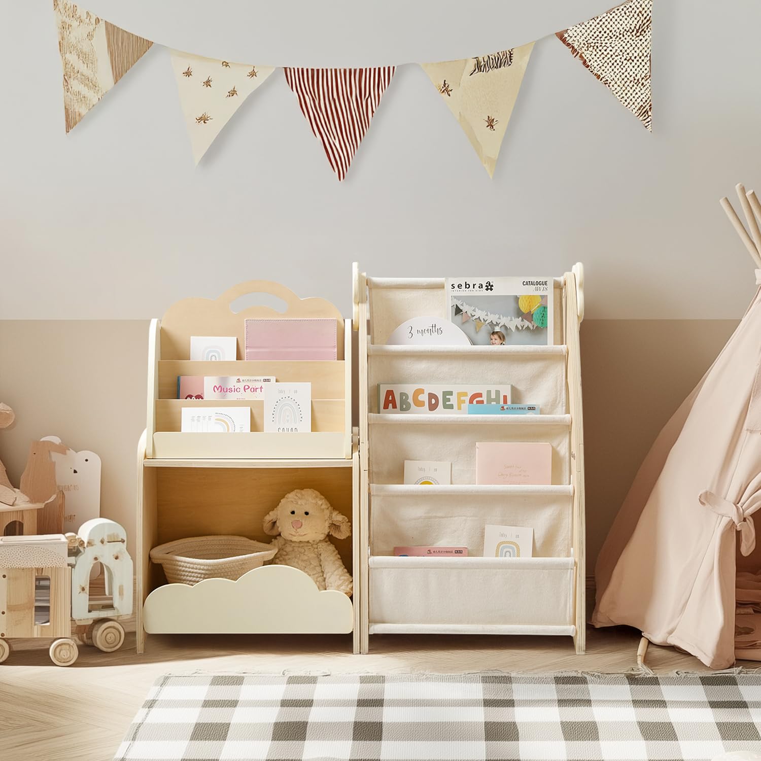 Kids Modular Wooden Bookshelf with Storage Bins