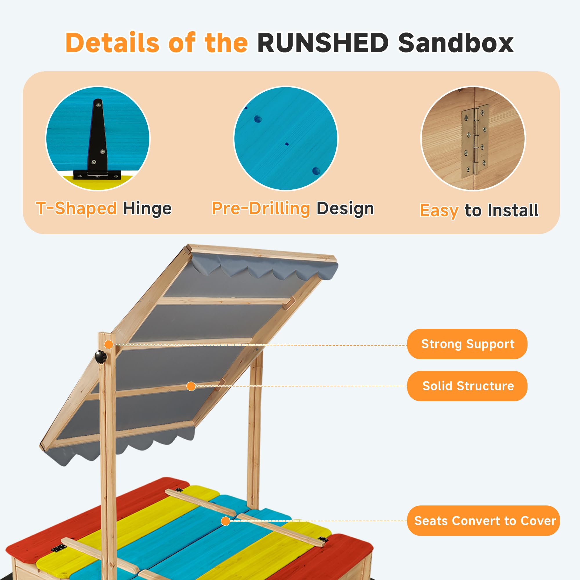 Wooden Sandbox with Canopy and Bench Seats
