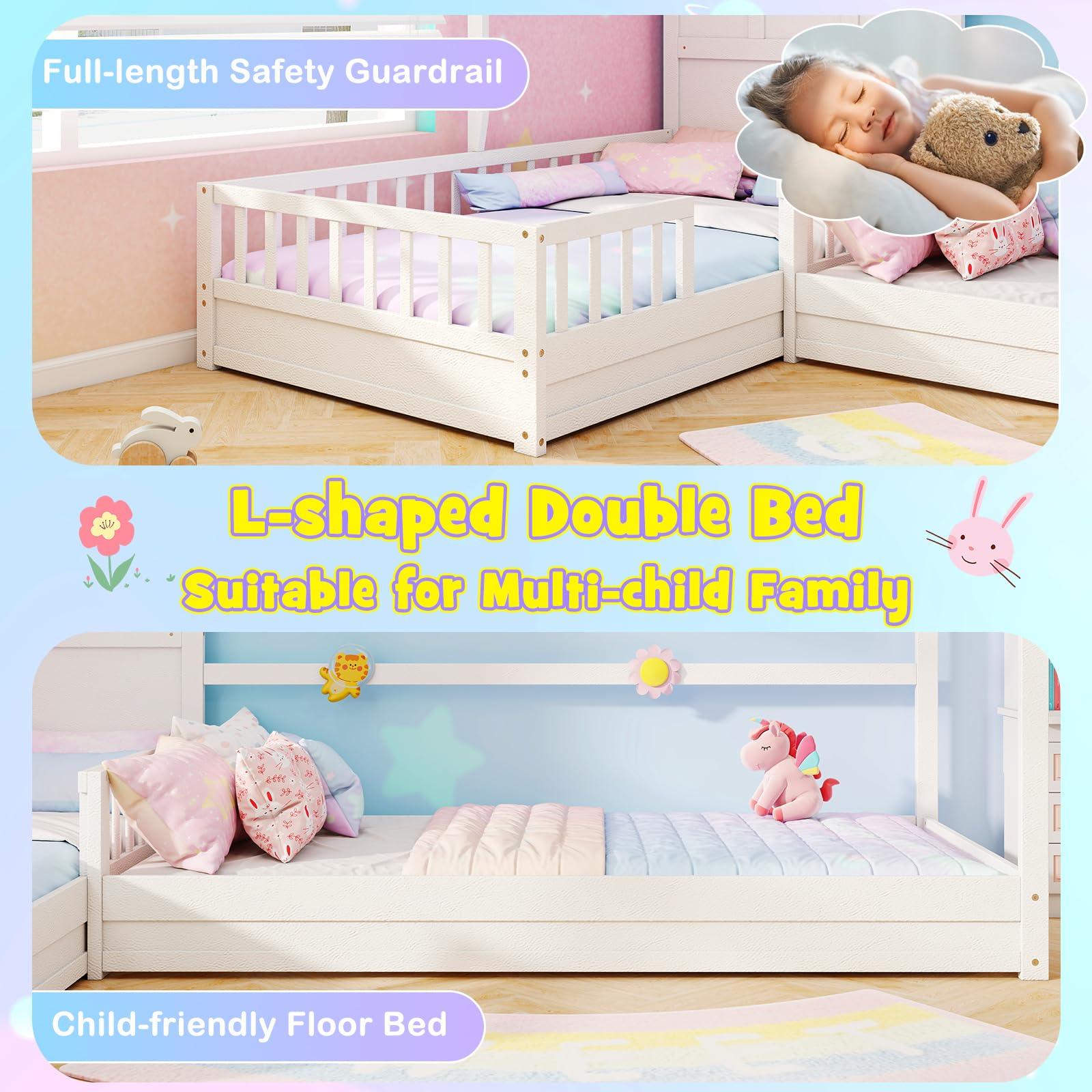L-Shaped Twin Bed for Kids with House Frame and Guardrails