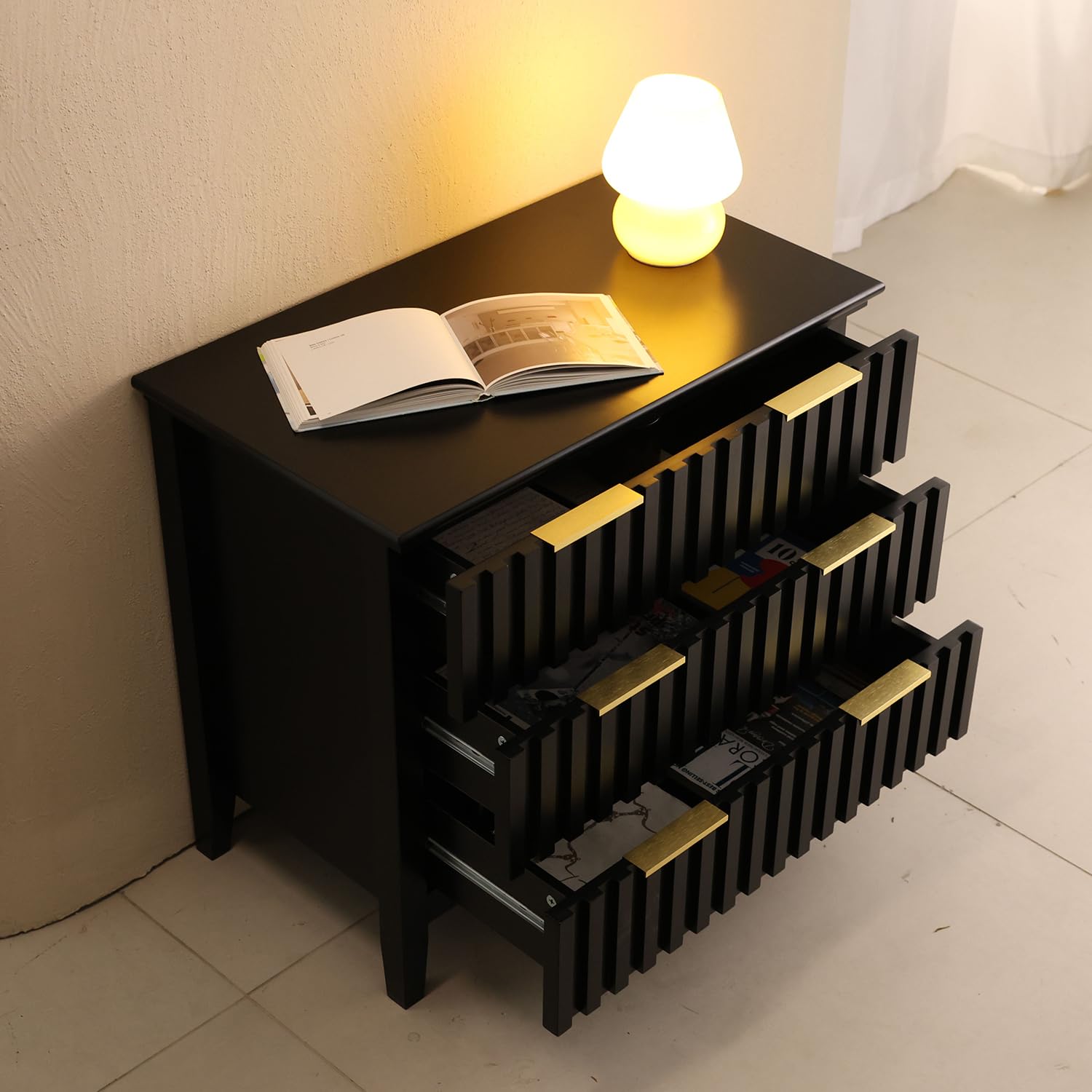 3 Drawer Dresser with Fluted Front and Golden Handles
