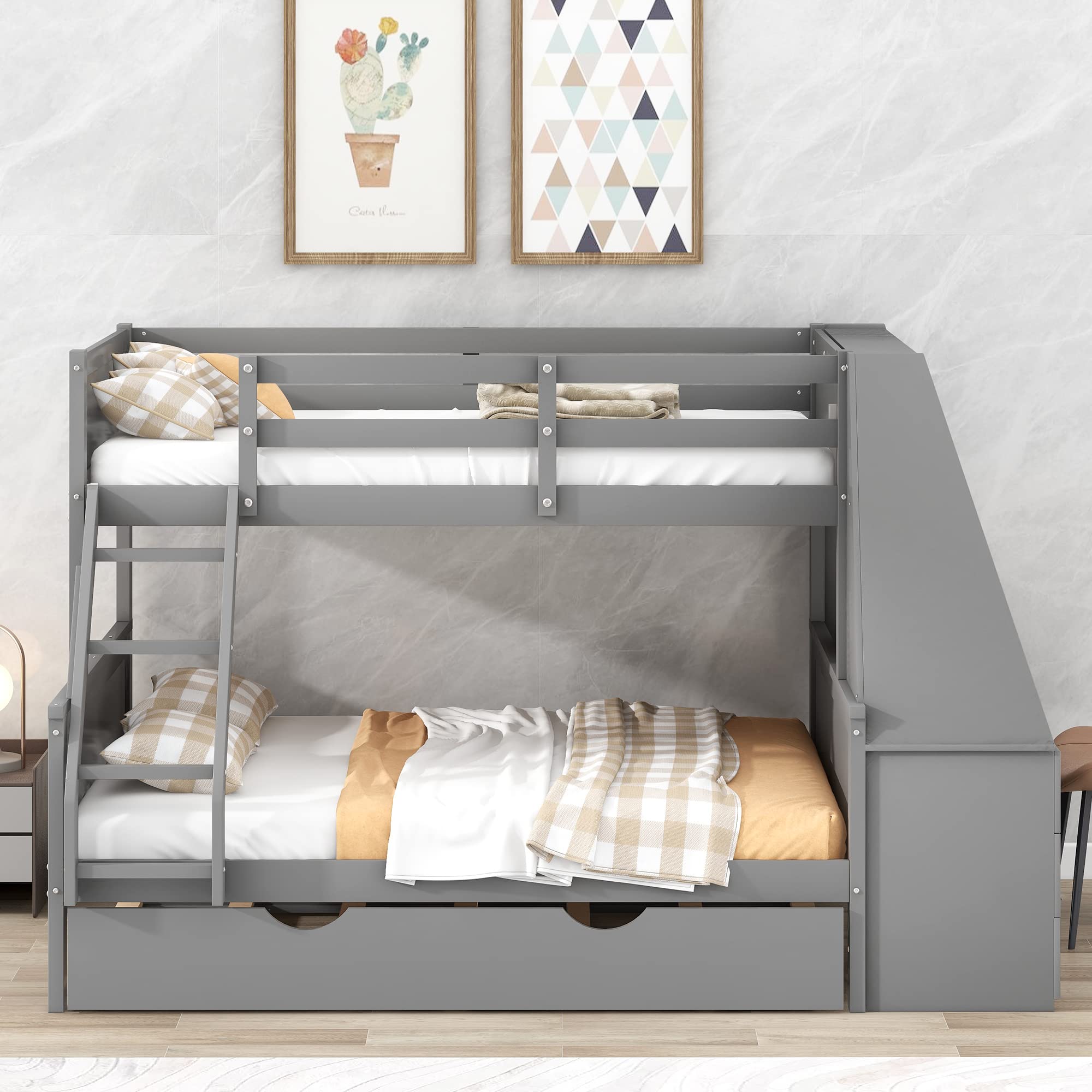 Twin Over Full Bunk Bed with Trundle and Built-in Desk
