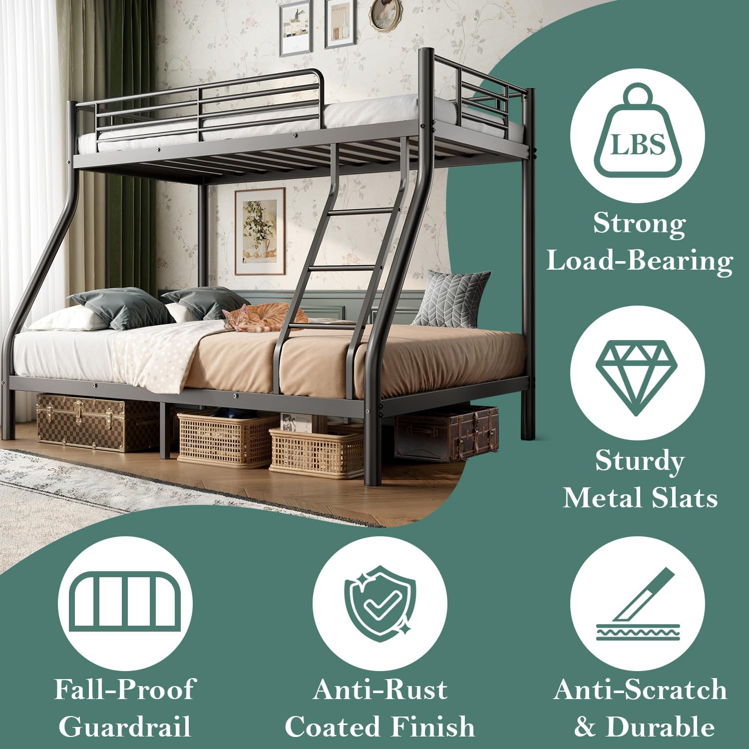 Twin Over Full Bunk Bed with Guardrail and Ladder
