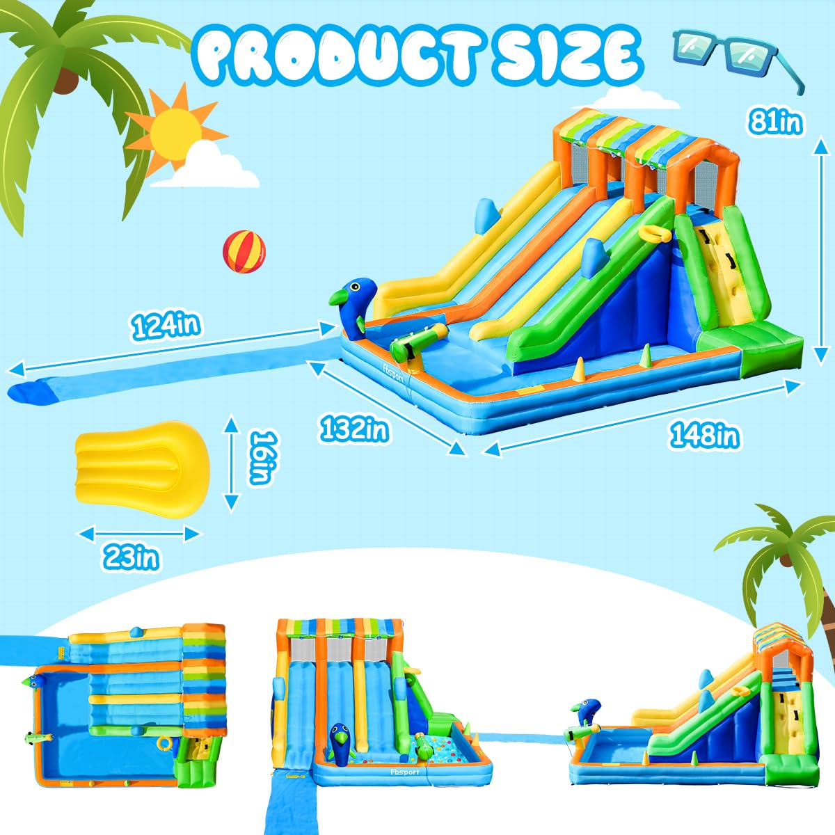 Inflatable Water Bounce House with Triple Slide and Splash Pool