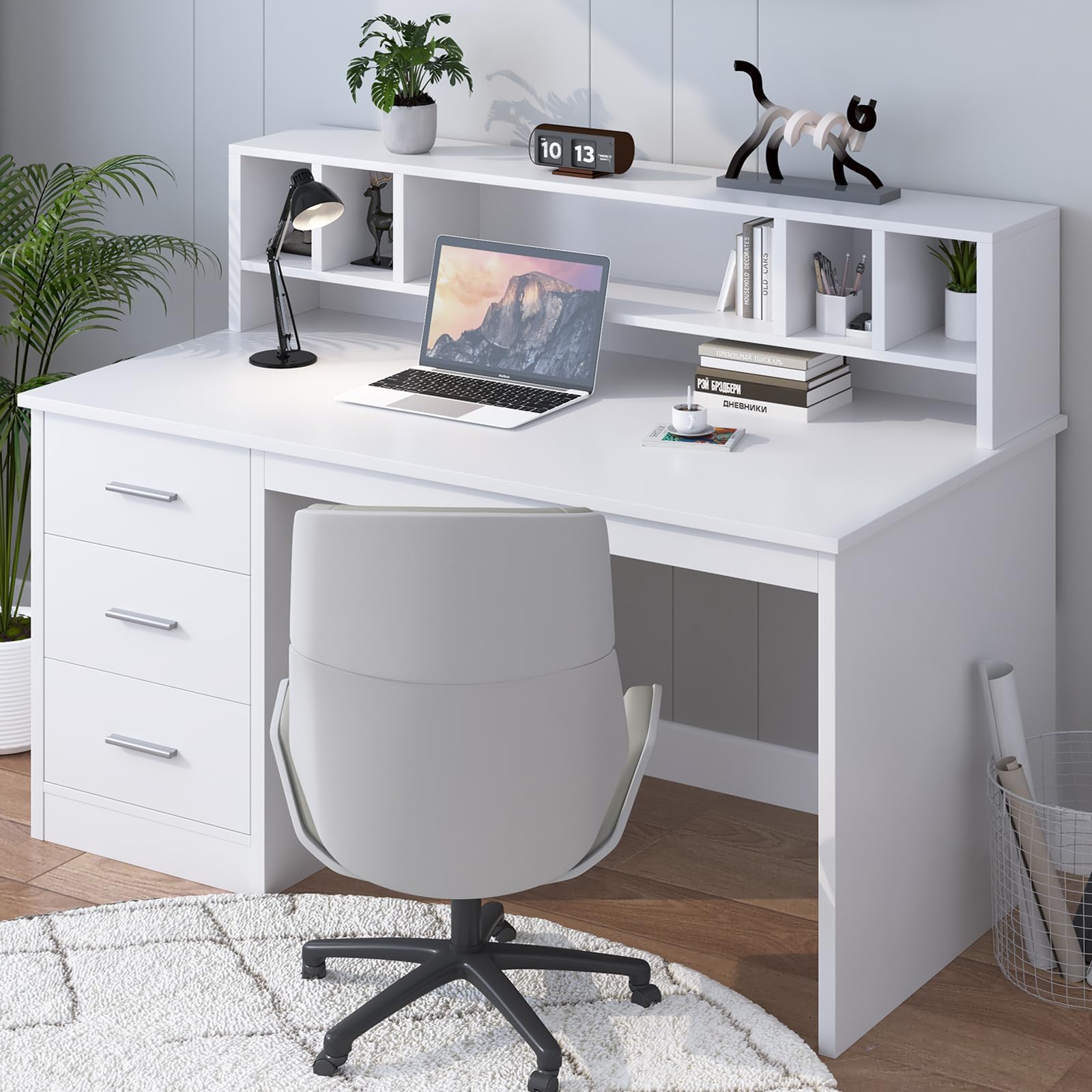 White Desk with Storage Drawers and Hutch for Bedroom