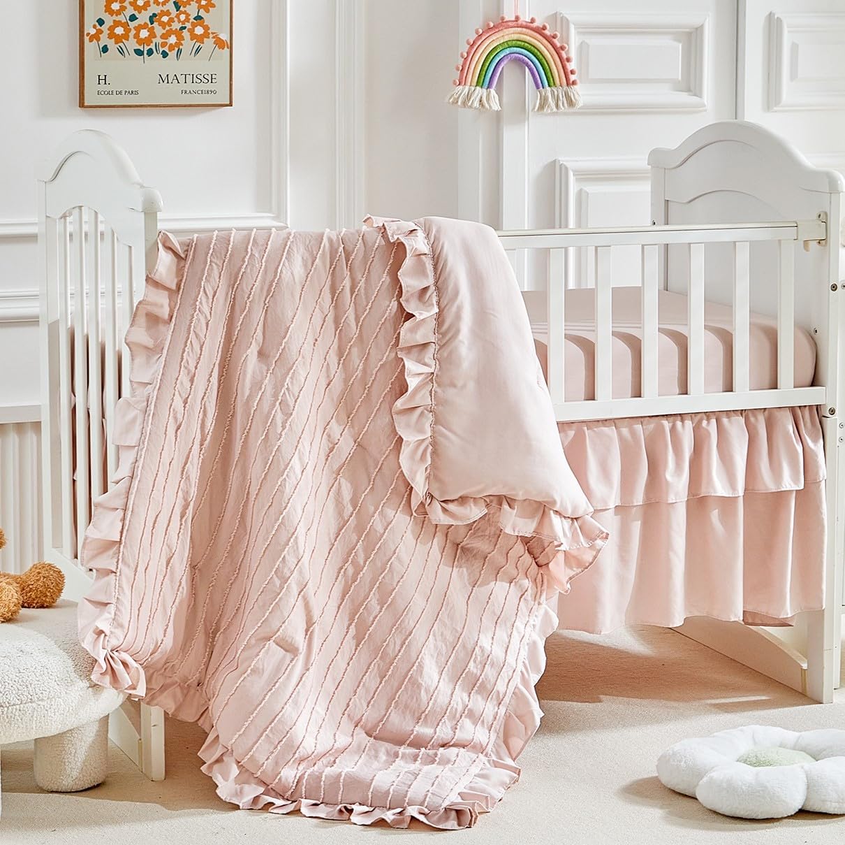 3 Pieces Tufted Stripes Crib Bedding Set with Ruffle Fringe