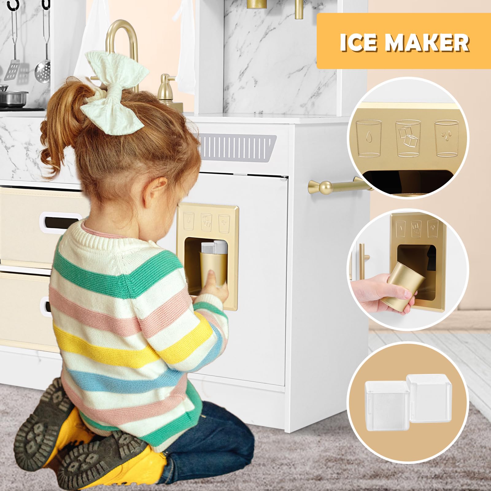 JOYLDIAS Play Kitchen, Wooden Kids Play Kitchen Playset Chef Pretend Play Set for Toddlers w/Ice Cube Dispenser, Oven, Cooking Accessories,Trendy Home Style w/Curtains, Storange Box, Gift for Ages 3+