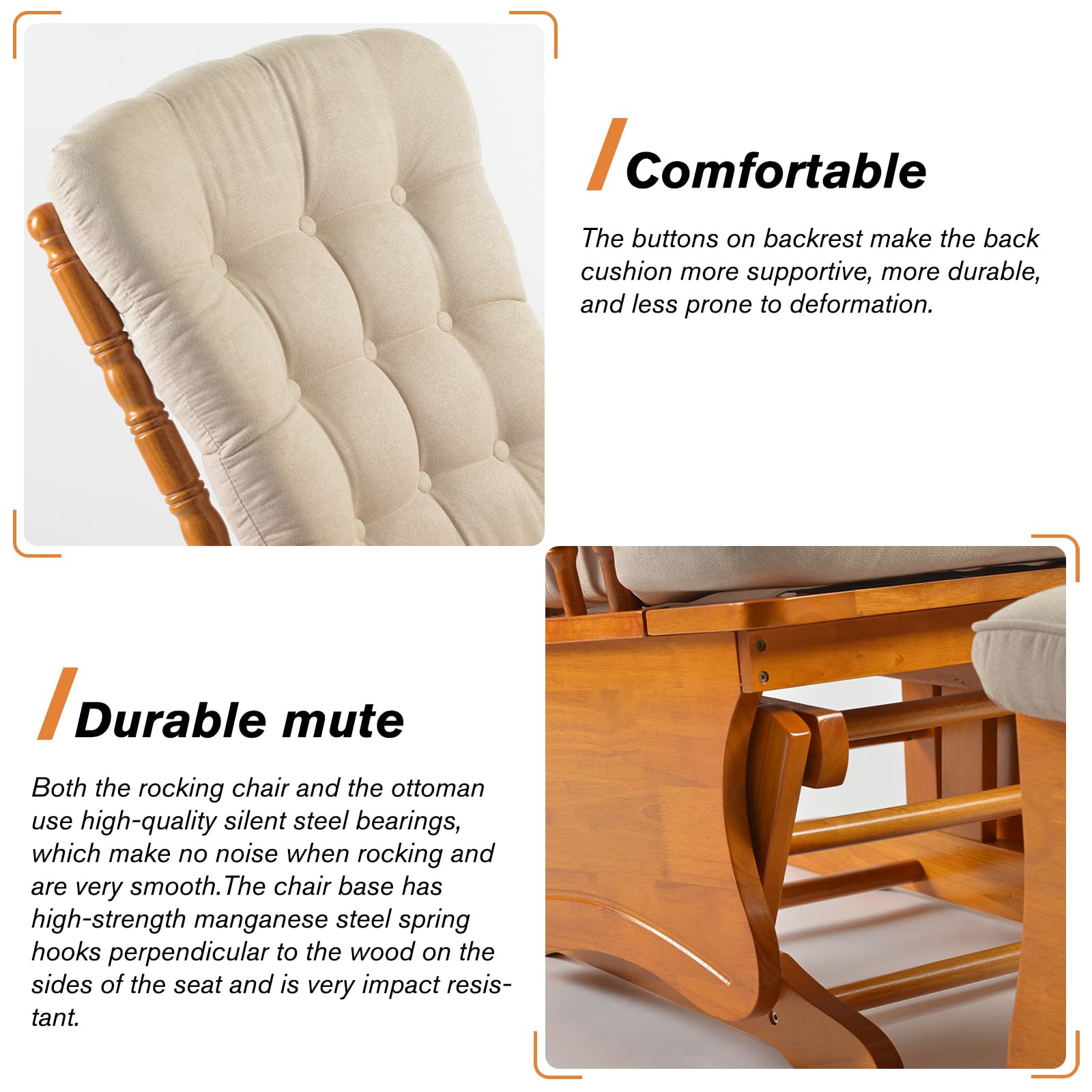 Solid Wood Glider Rocking Chair with Ottoman and Padded Cushion