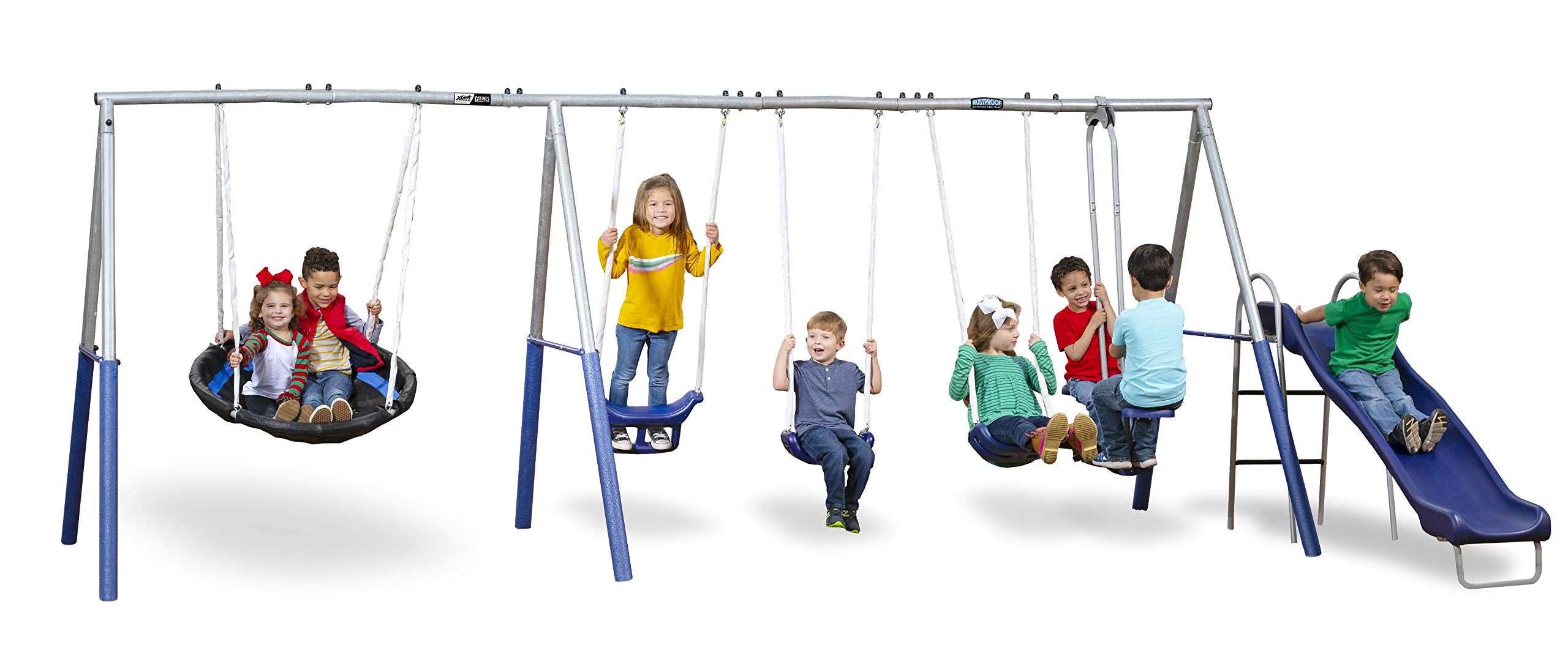 Galvanized Metal Swing Set 6 Station Outdoor Playset with Wave Slide