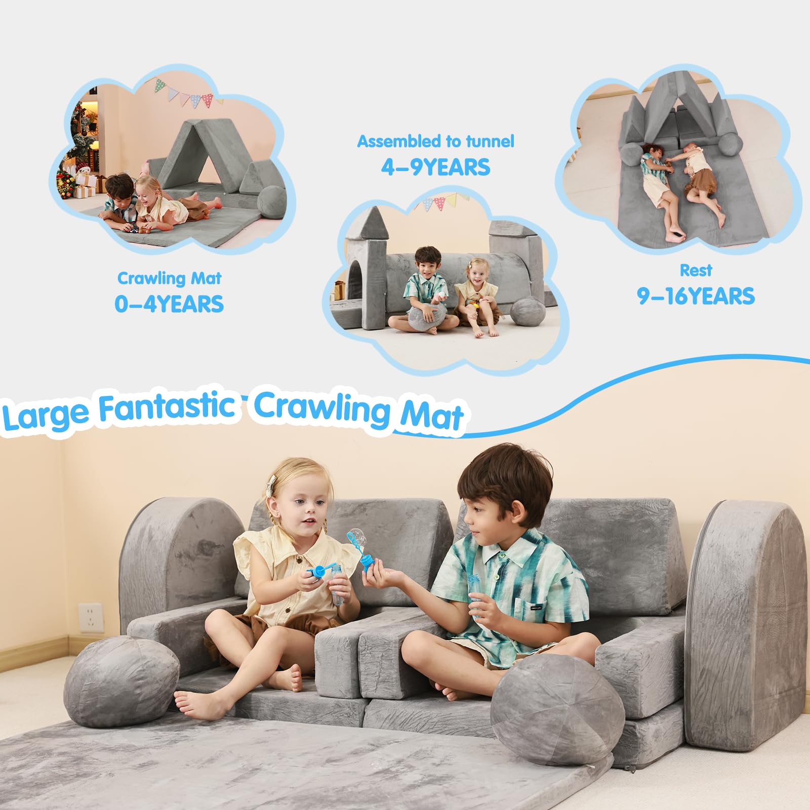 10-Piece Modular Kids Play Couch with Crawling Mat