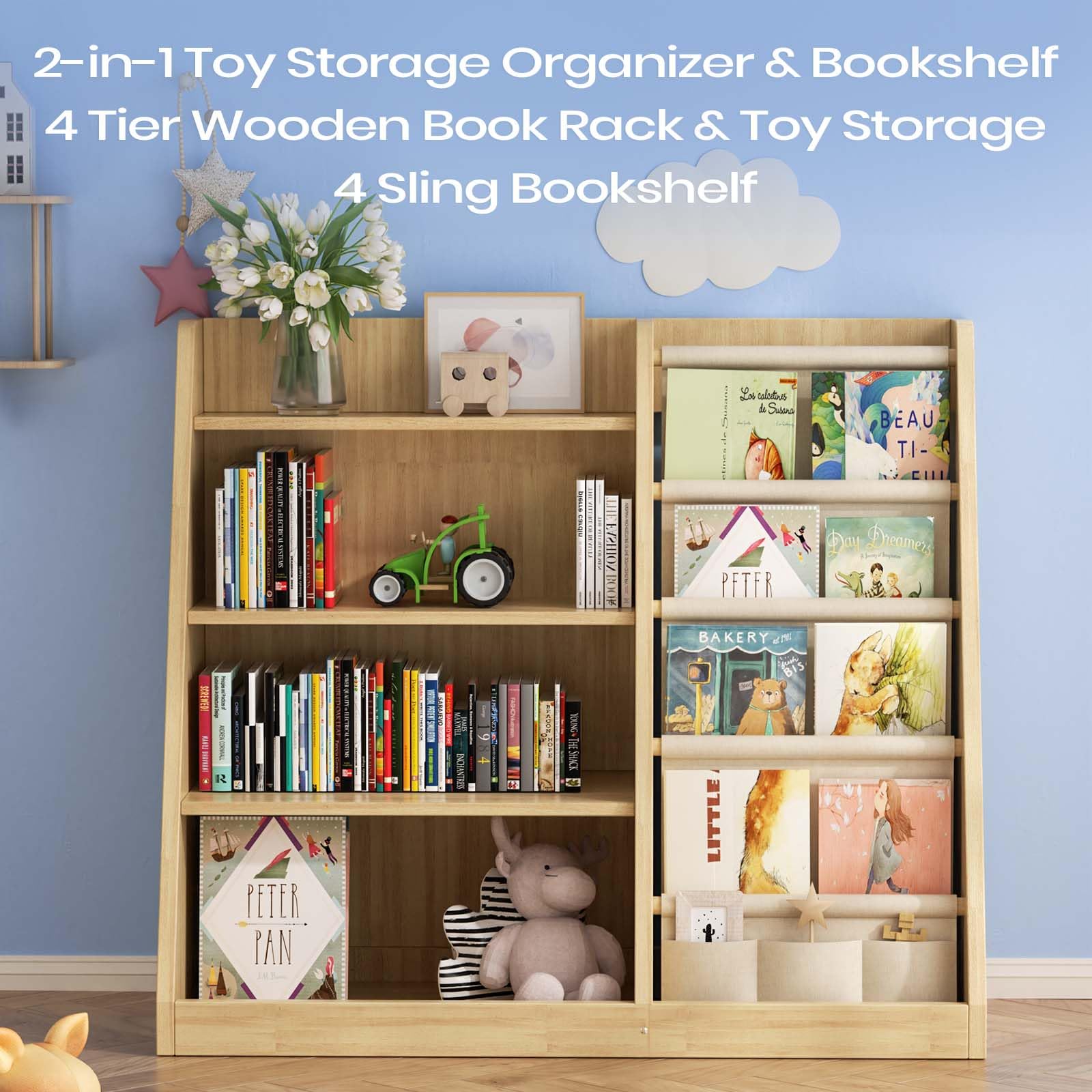 4 Tier Wooden Kids Bookshelf and Toy Storage Organizer