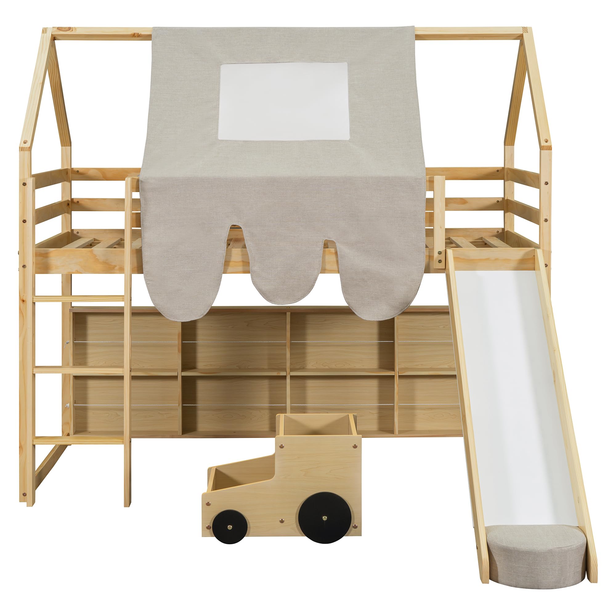 Twin Size Loft Bed with Slide, Wooden Twin House-Shaped Frame with Ladder