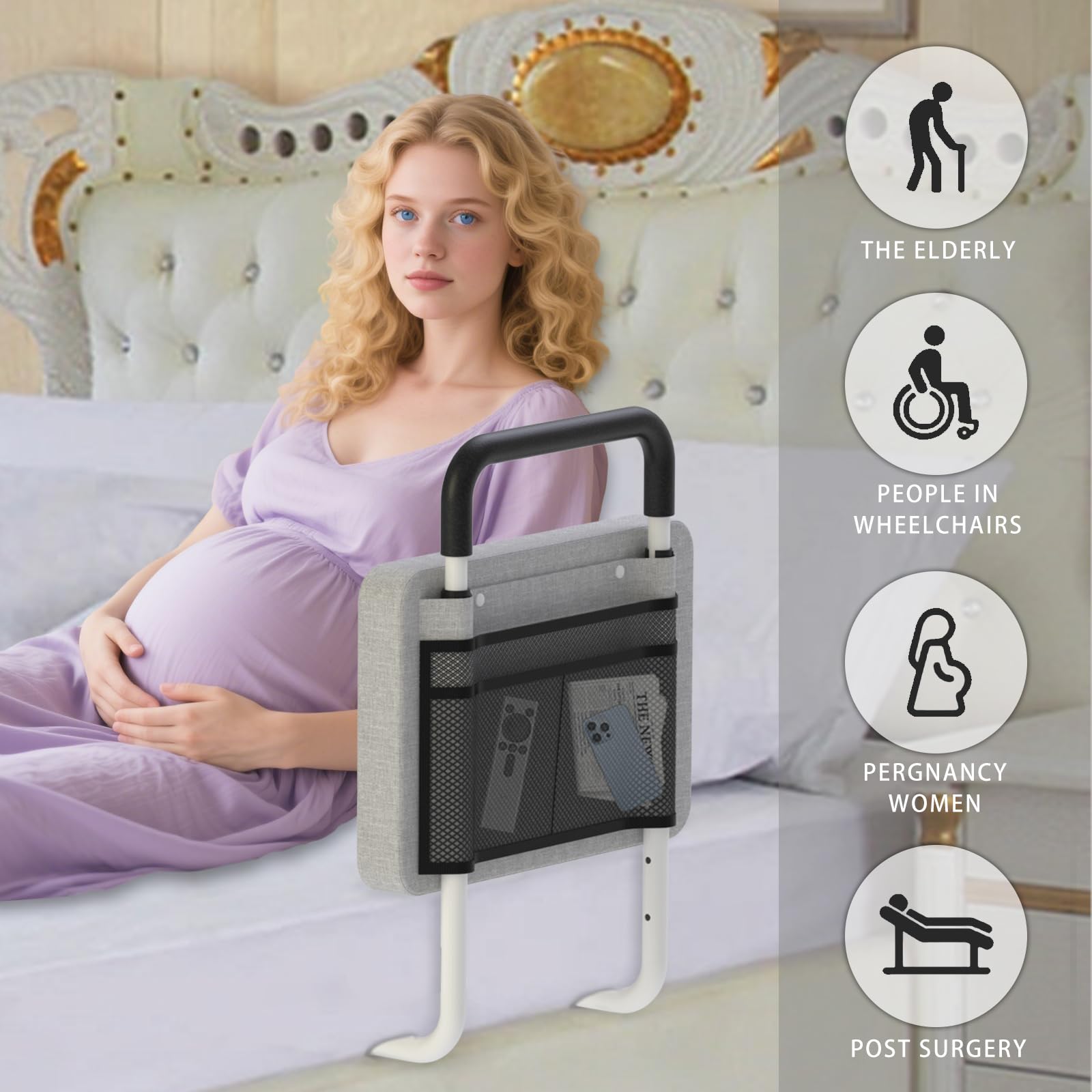Padded Bed Rails for Elderly Adults with Storage Pocket