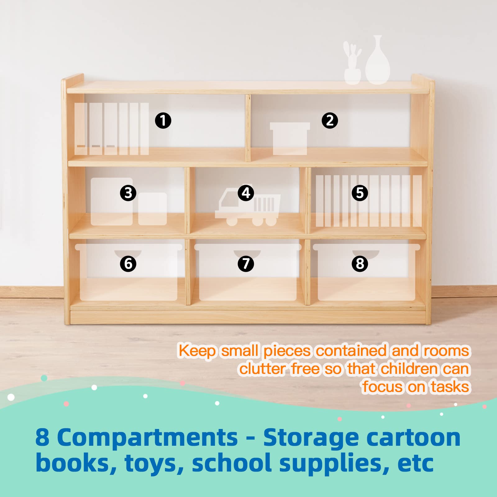 Montessori Toy Storage Shelf 3-Tier Organizer with 8 Cubby Compartments