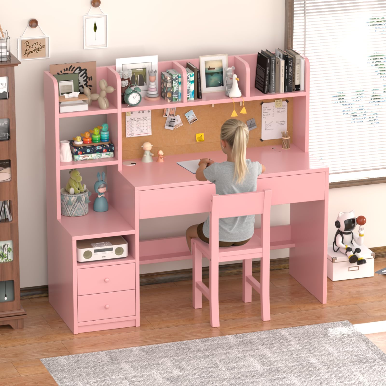 Pink Kids Desk and Chair Set, Kids Study Desk with 4 Drawers & 4 Open Shelves