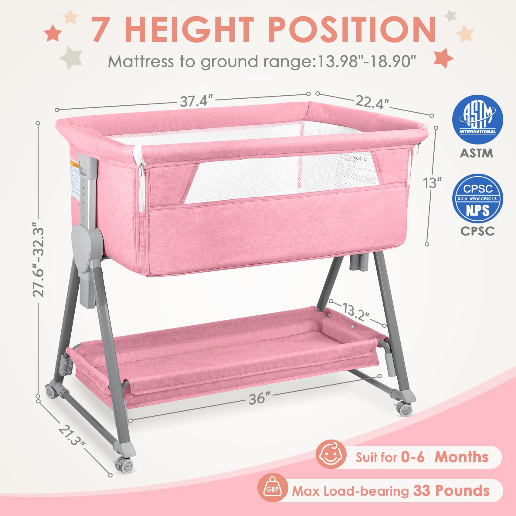 7-Height Adjustable Bedside Bassinet with Wheels and Storage