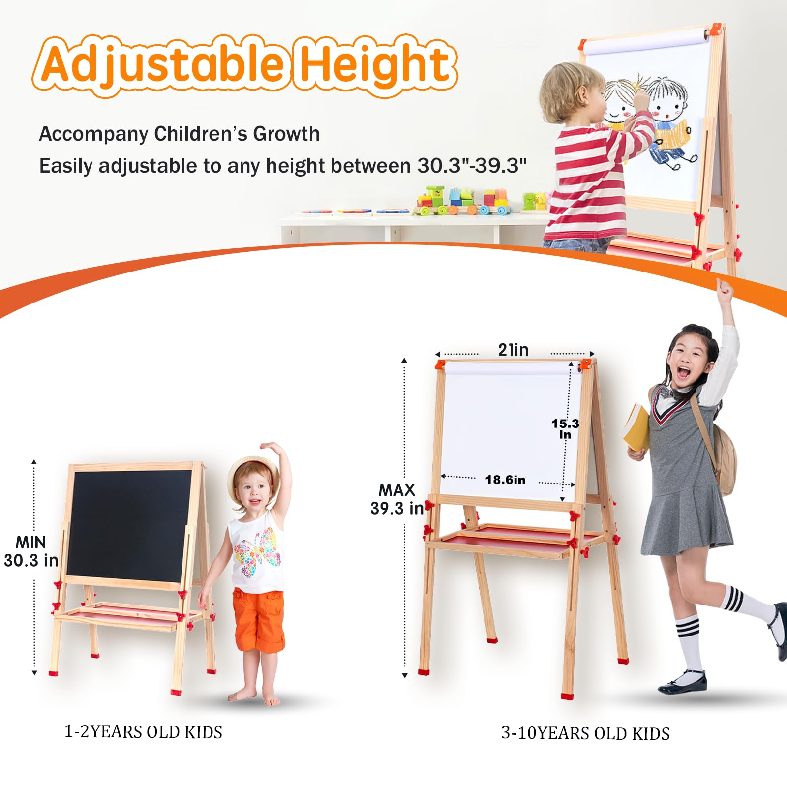 Adjustable Wooden Kids Easel with Paper Roll