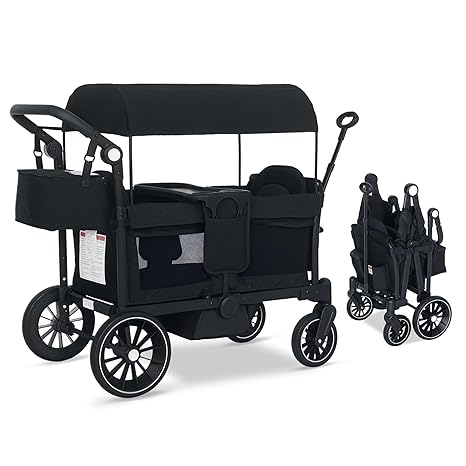 Stroller Wagon for 2 Kids, Push & Pull Kids Cart with Safety Harnesses
