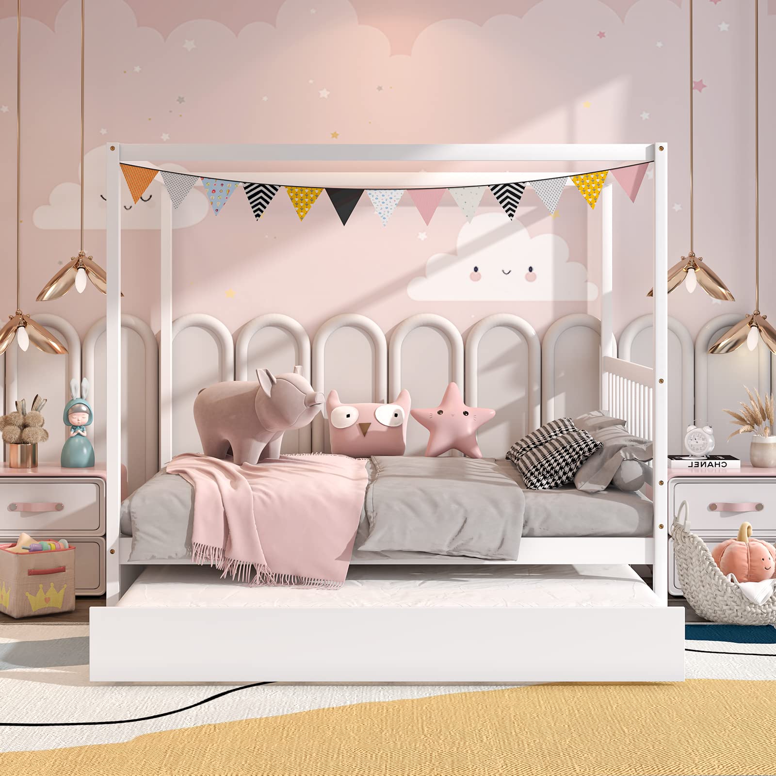 Canopy Bed with Trundle, Full Size Kids Solid Wood Platform Bed Frame