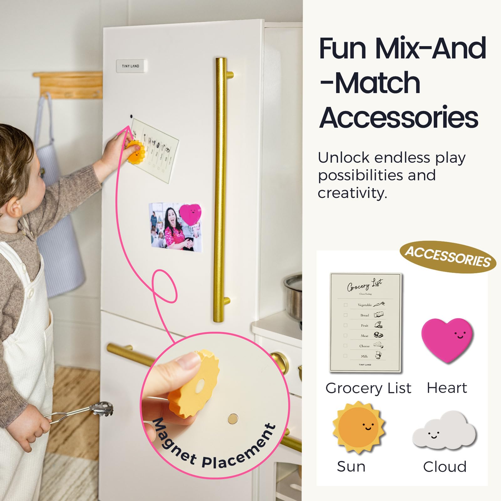 Tiny Land Wooden Toy Fridge with Spacious Storage, Realistic Play Kitchen Refrigerator for Kids’ Pretend Play with Three Freezer Magnets