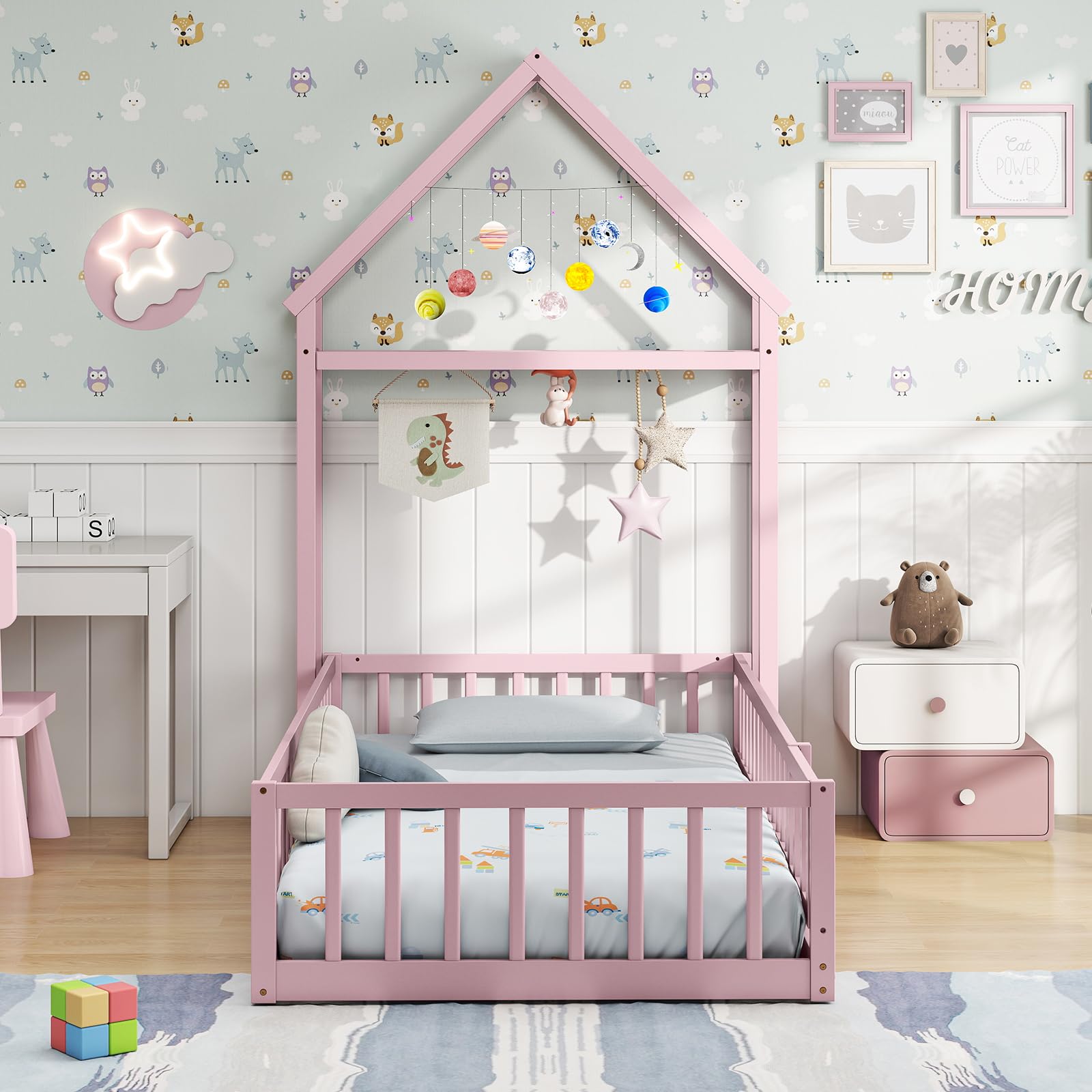 Twin House Floor Bed for Kids with Safety Rails