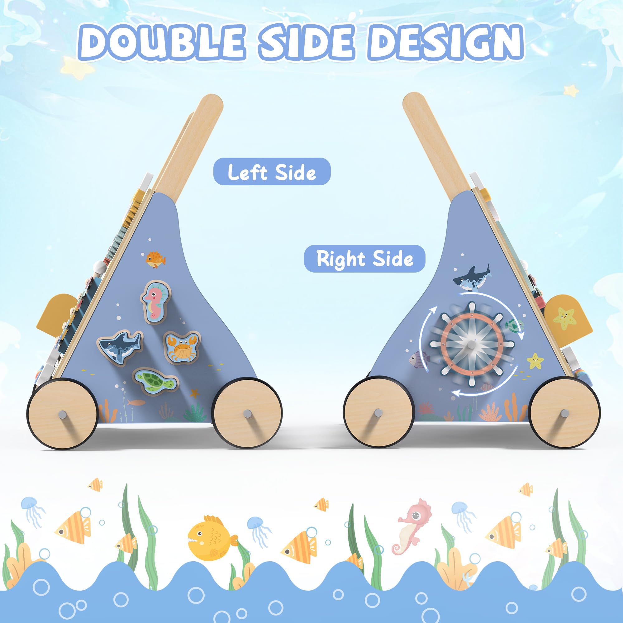 Ocean-Themed Wooden Baby Walker with Activity Center