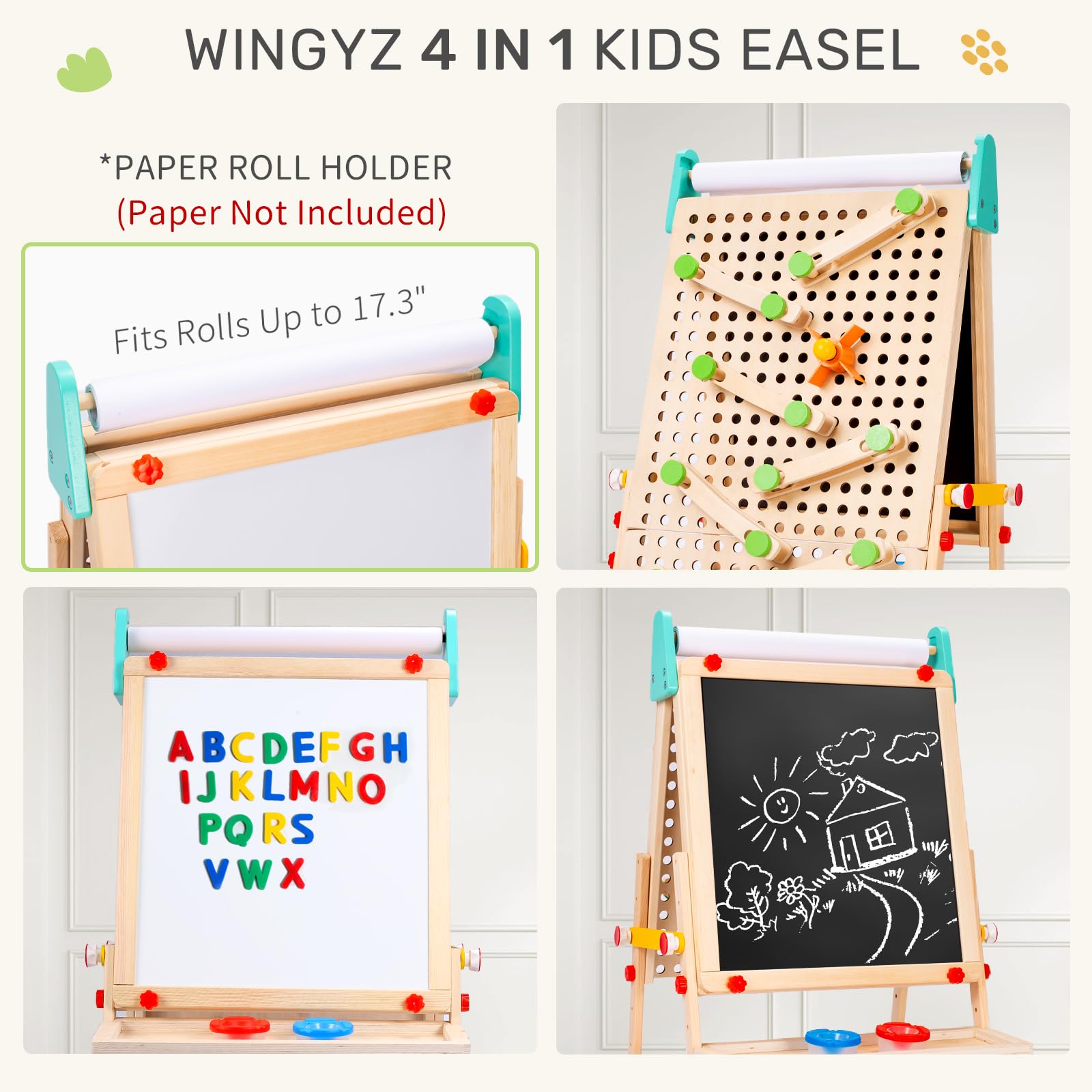 Wingyz 4-in-1 Adjustable Kids Art Easel with Magnetic Whiteboard & Chalkboard - Wooden Drawing Board with Marble Run for Kids- Creative Gift for Toddlers Ages 2-4, 4-8, 8-12