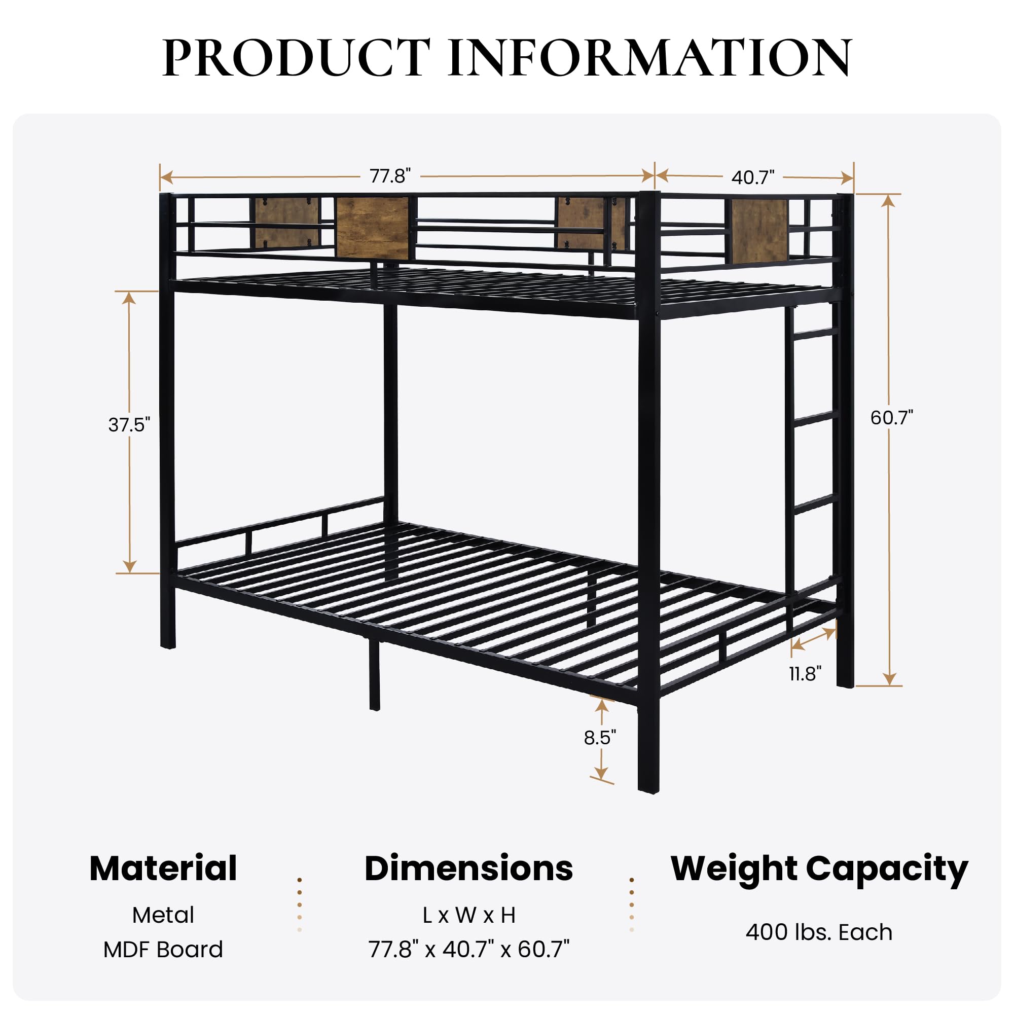 Twin Over Twin Metal Bunk Bed with Ladder and Guardrails