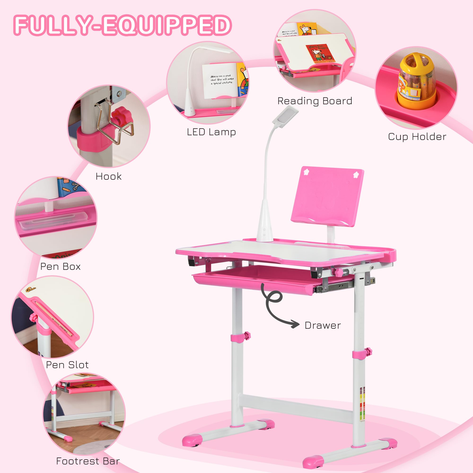 Height Adjustable Kids Desk and Chair Set with LED Lamp