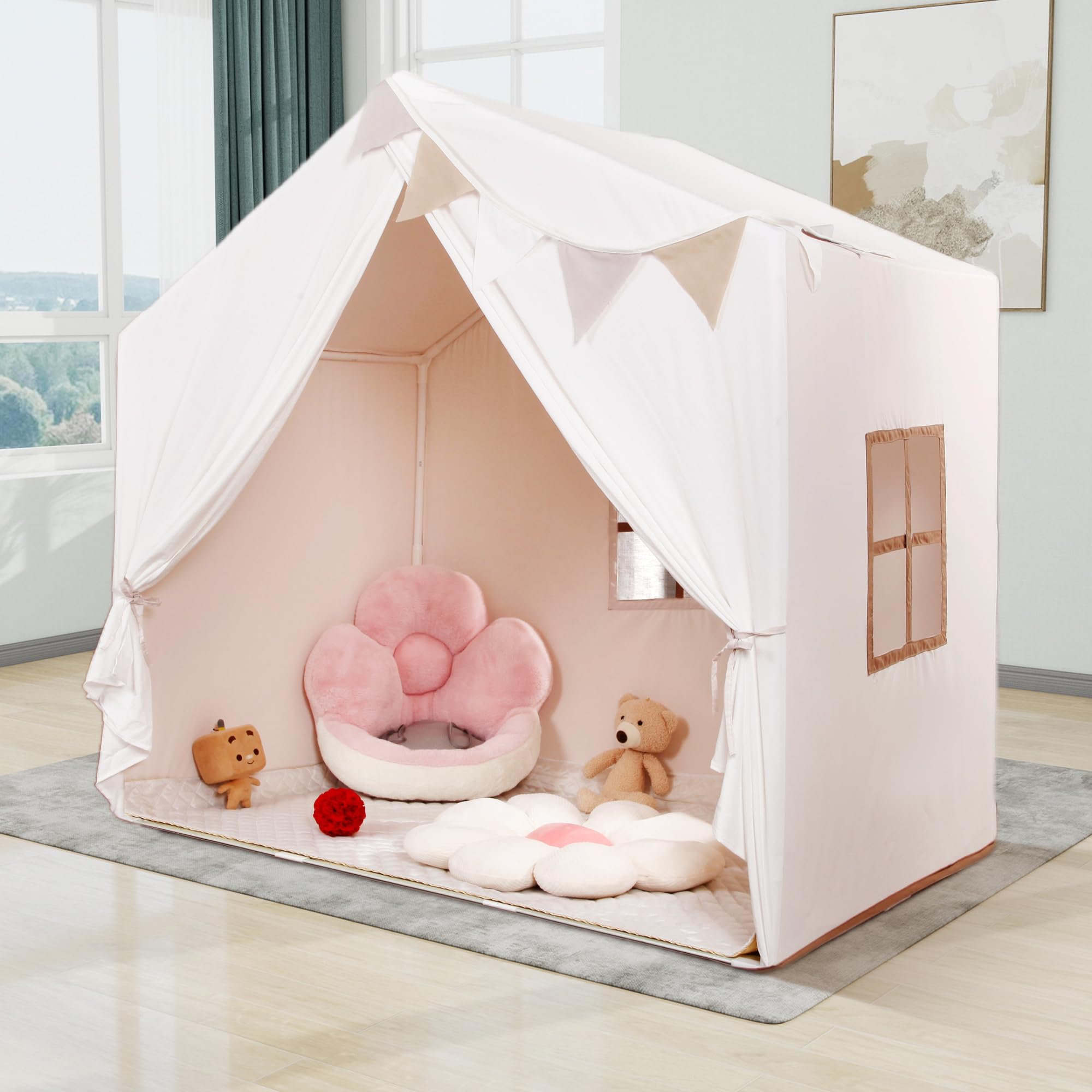 Kids Play Tent, Large Playhouse with Star Lights and Mat, Washable Indoor Toddler Teepee Tent for Boys & Girls, Children's Tent with Flags, Beige, 52L x36W x52H, Age 3+