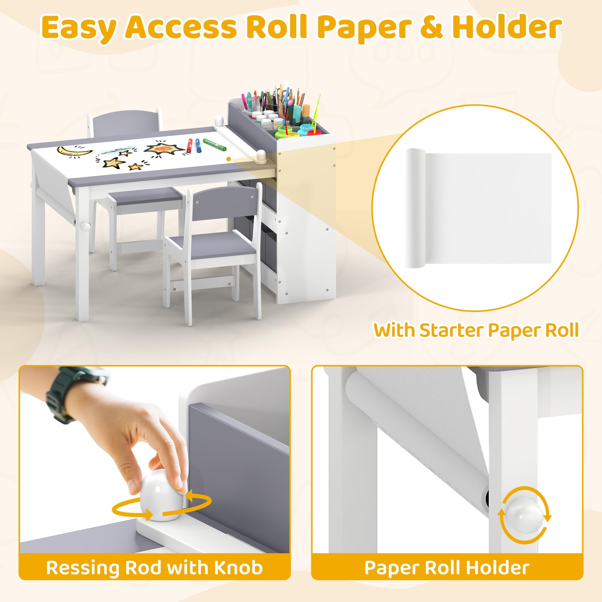Kids Art Table and Chairs Set with Storage and Paper Roll