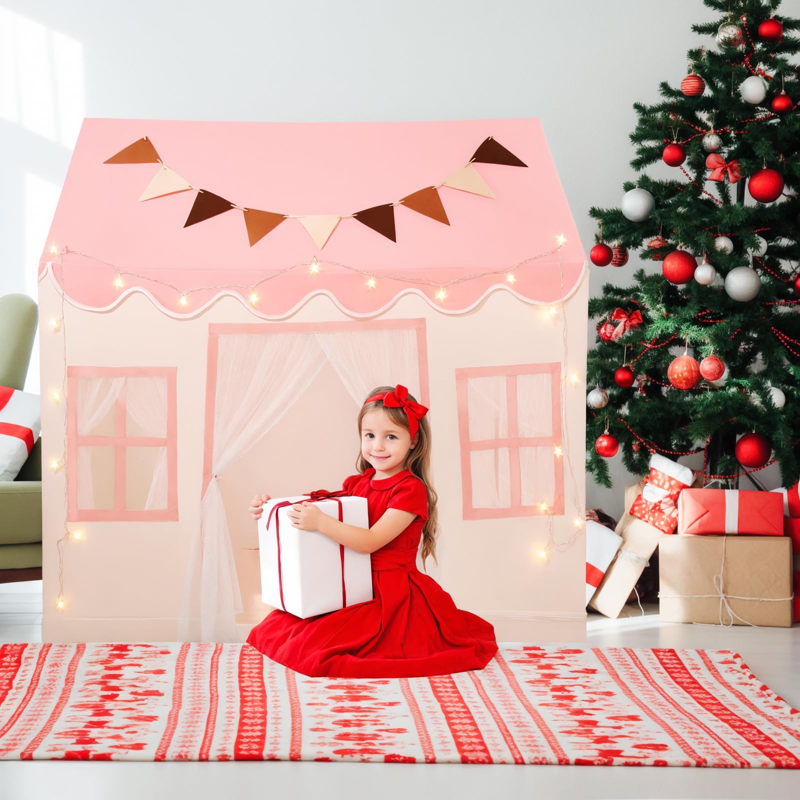 Hopeseily Kids Play Tent with Non-Slip Mat, Star String, Decorating Flag, Machine Washable Large Playhouse, Indoor and Outdoor Play Tent for Kids, Pink, 47" x 40" x 52"