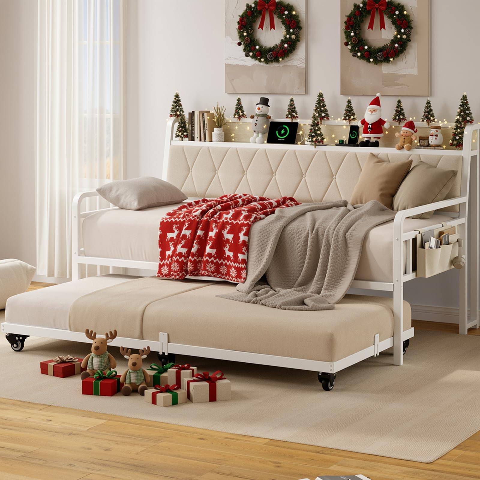Twin Daybed with Trundle and Upholstered Headboard