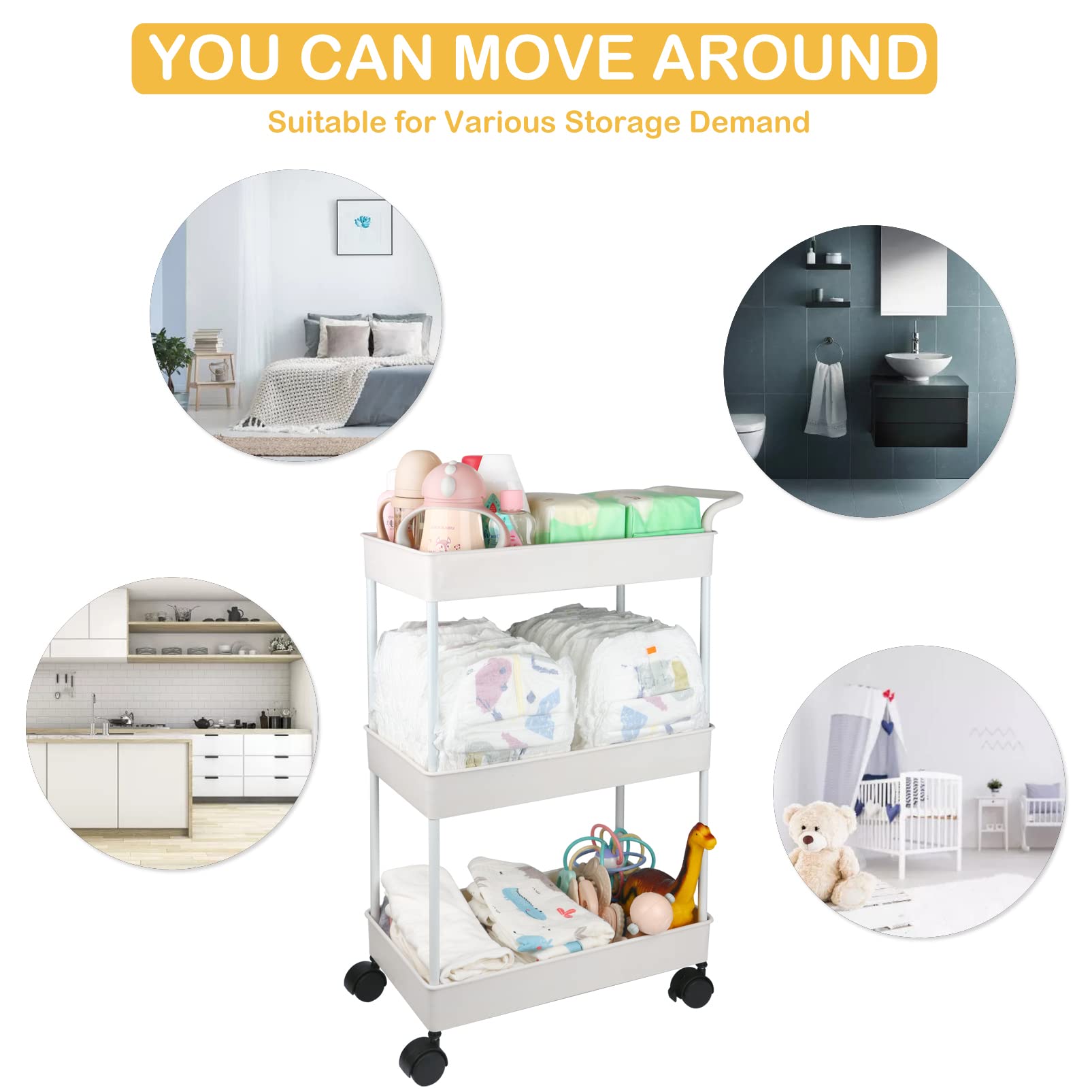3-Tier Rolling Baby Diaper Caddy Organizer with Wheels