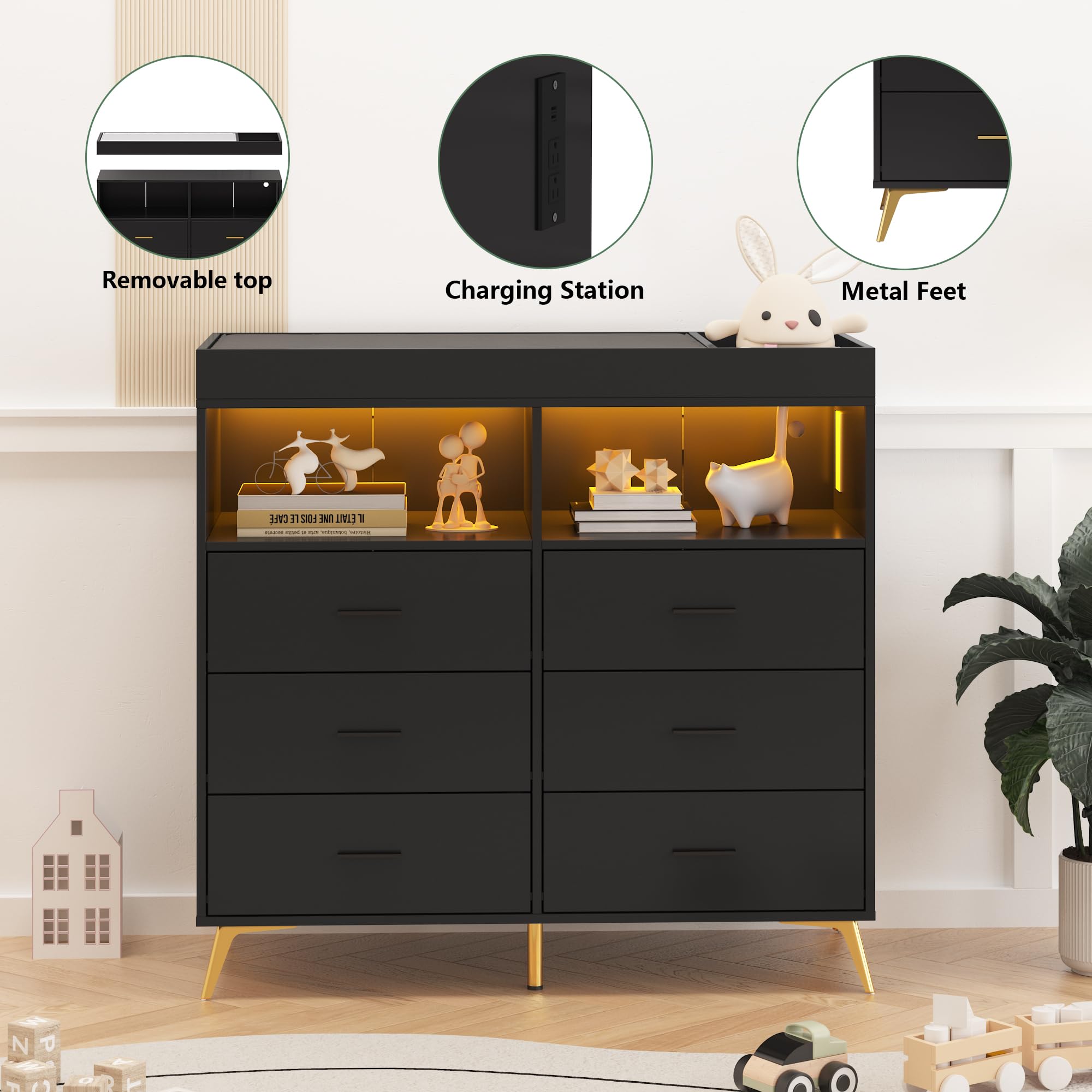 Baby Changing Table Dresser with LED Lights and Power Outlet