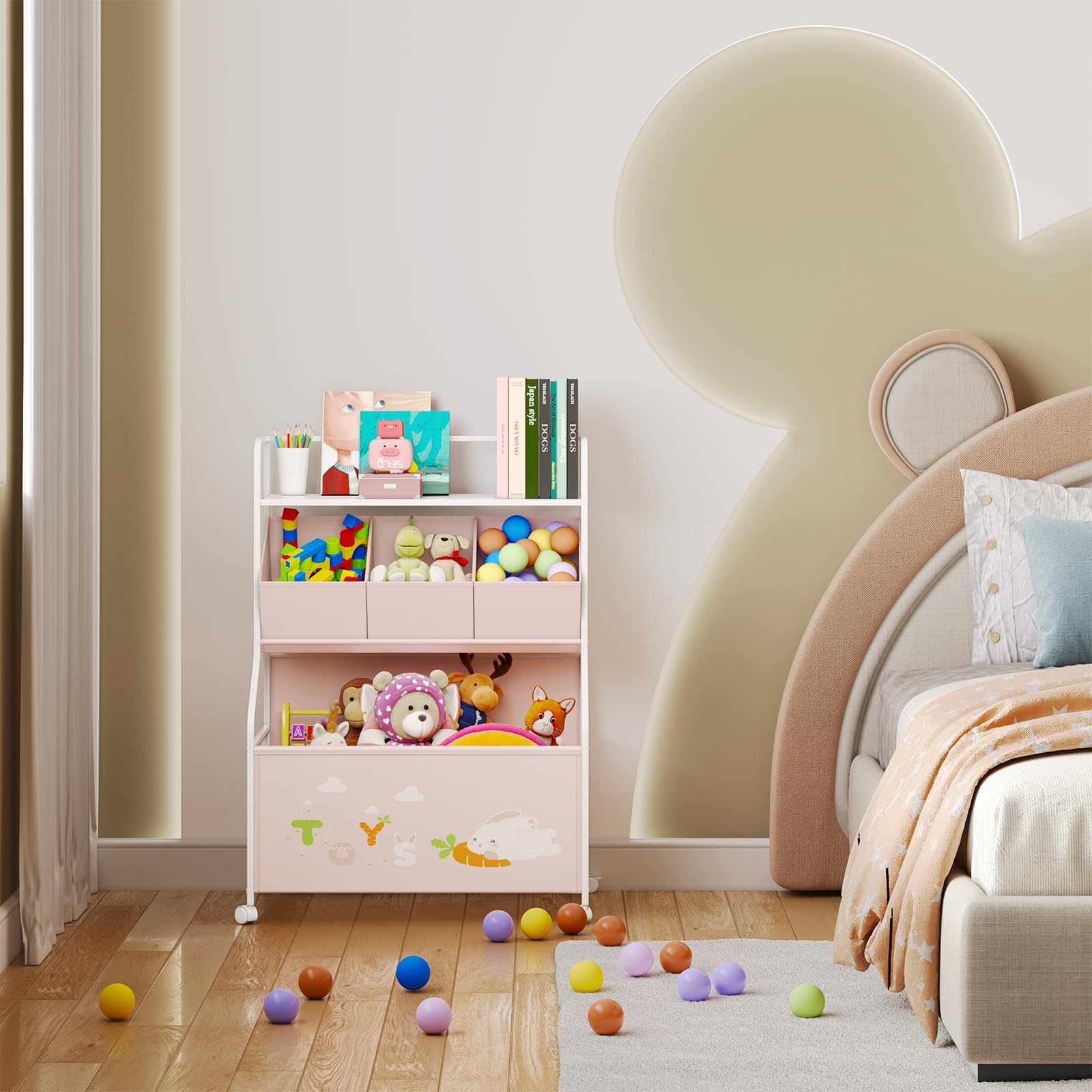 3-Tier Toy Storage Organizer with Wheels and Bookshelf