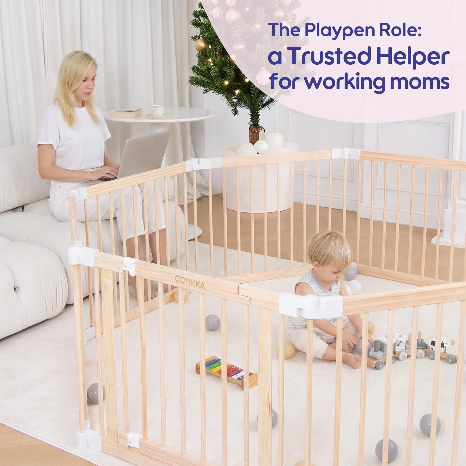 Foldable Wooden Baby Playpen 63x63x25 Inch
