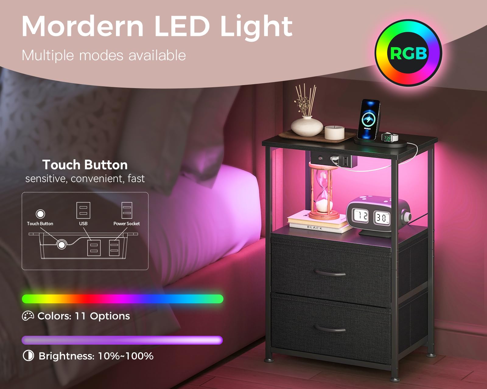 Casaottima Night Stand with Charging Station and LED Lights, End Table for Bedroom with 2 Fabric Drawers, Small Nightstand with Storage Shelf, Bed Side Bedside Table, Black