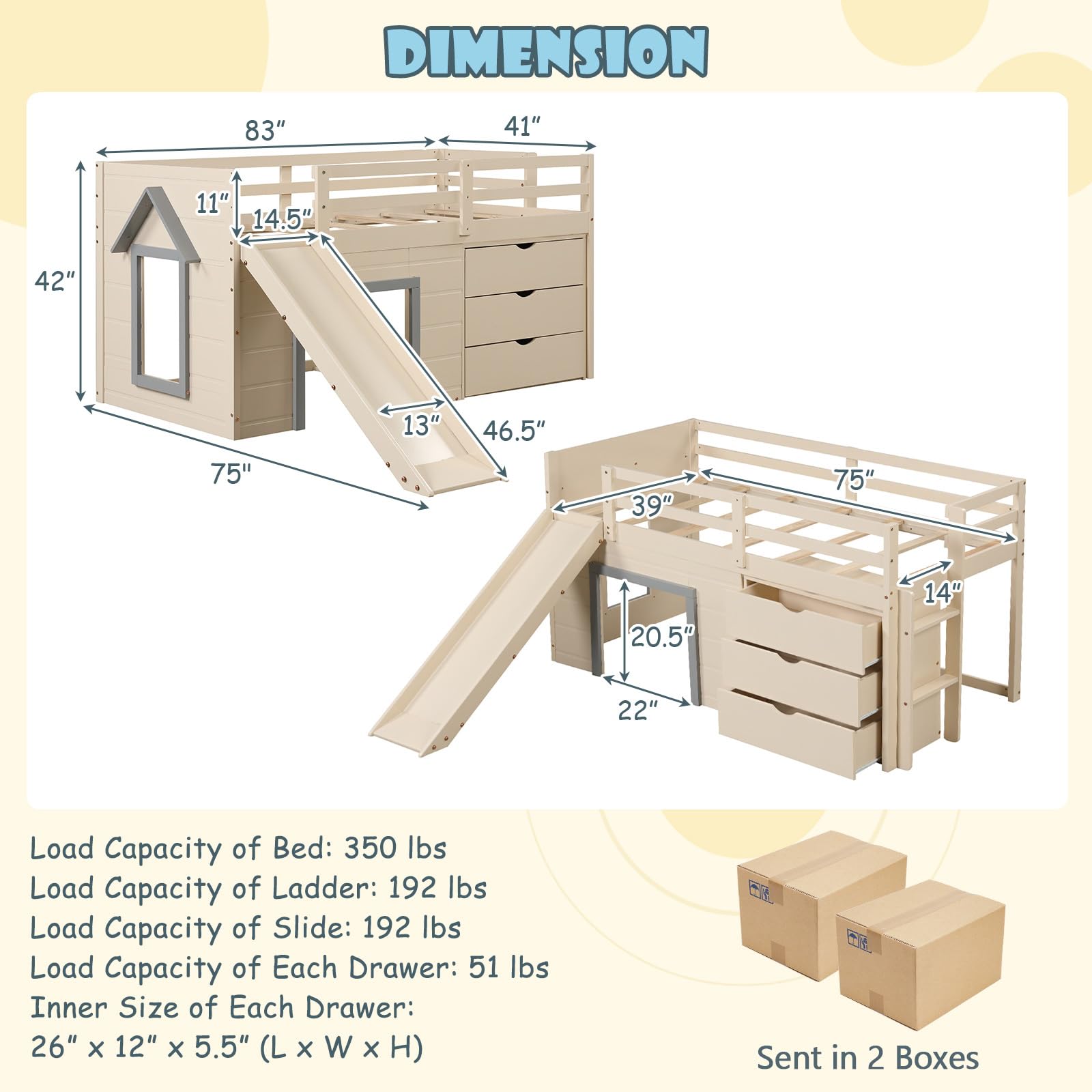 Twin Low Loft Bed with Slide and Storage Drawers