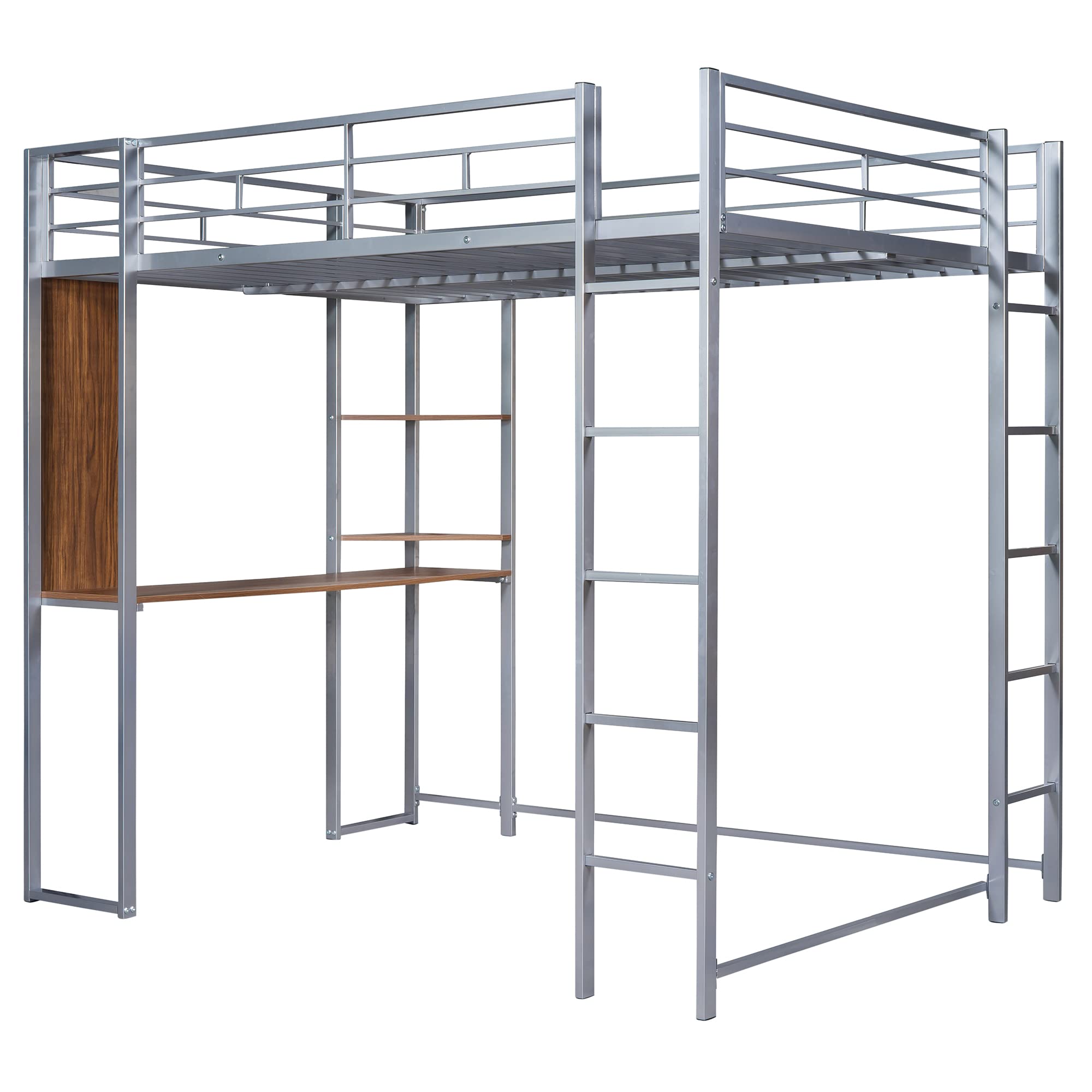 Metal Full Loft Bed with Desk and Shelves