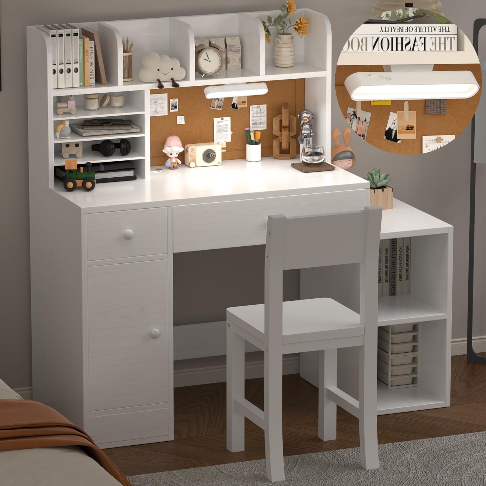 Kids Study Desk and Chair Set with LED Light and Storage