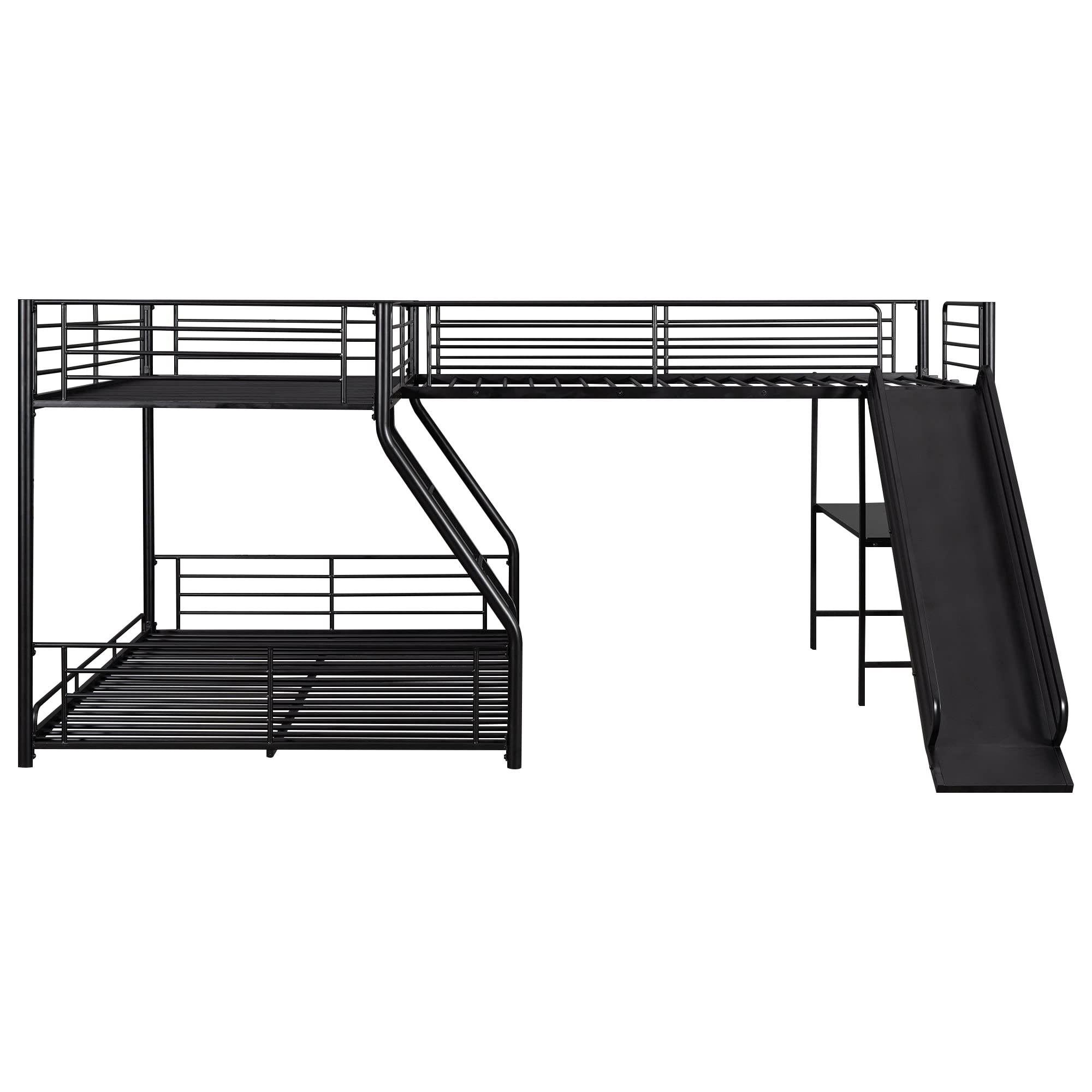 L-Shaped Triple Bunk Bed with Desk and Slide - Twin Over Full with Twin Loft