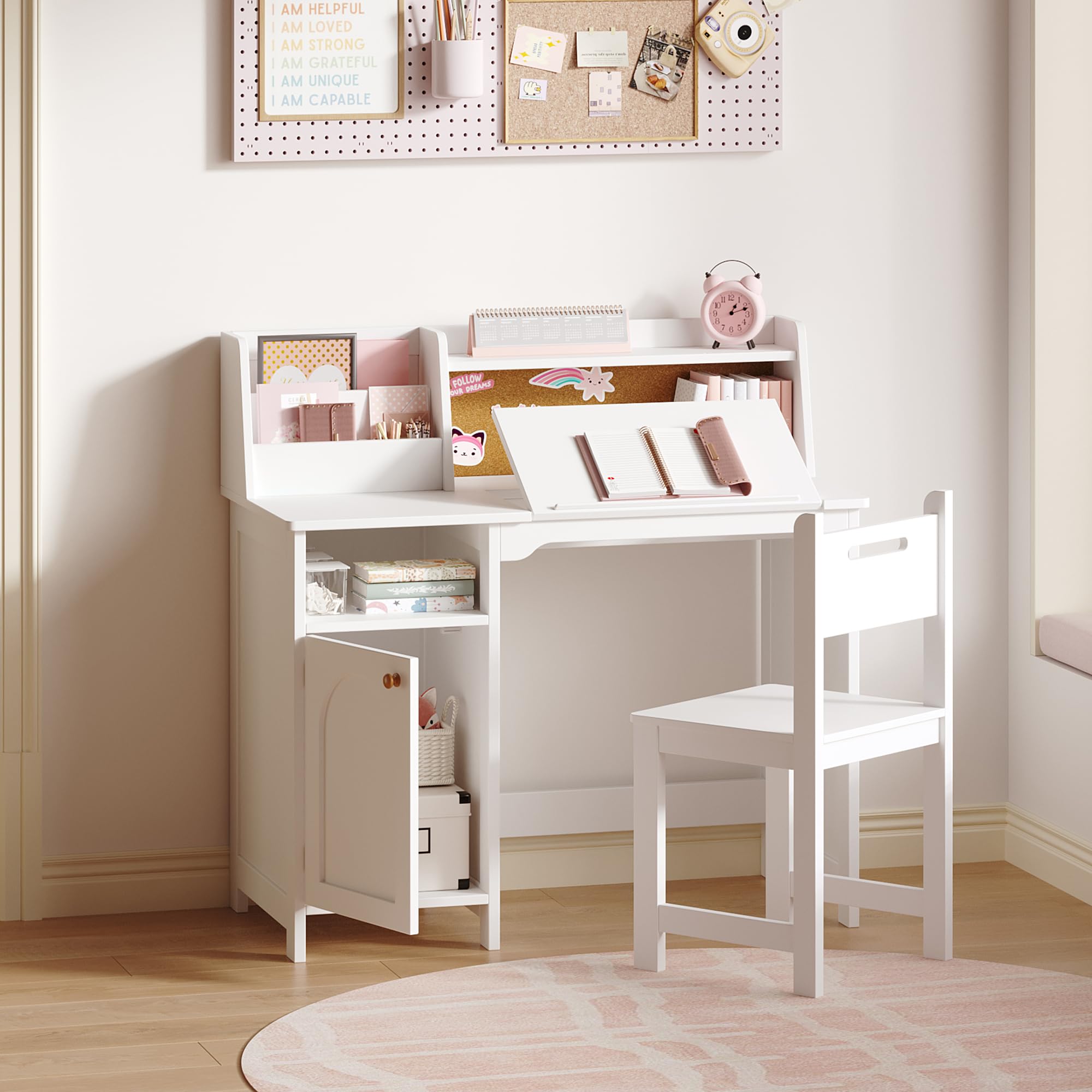 Kids Study Desk and Chair Set, Kids Desk with Hutch and Tiltable Desktop