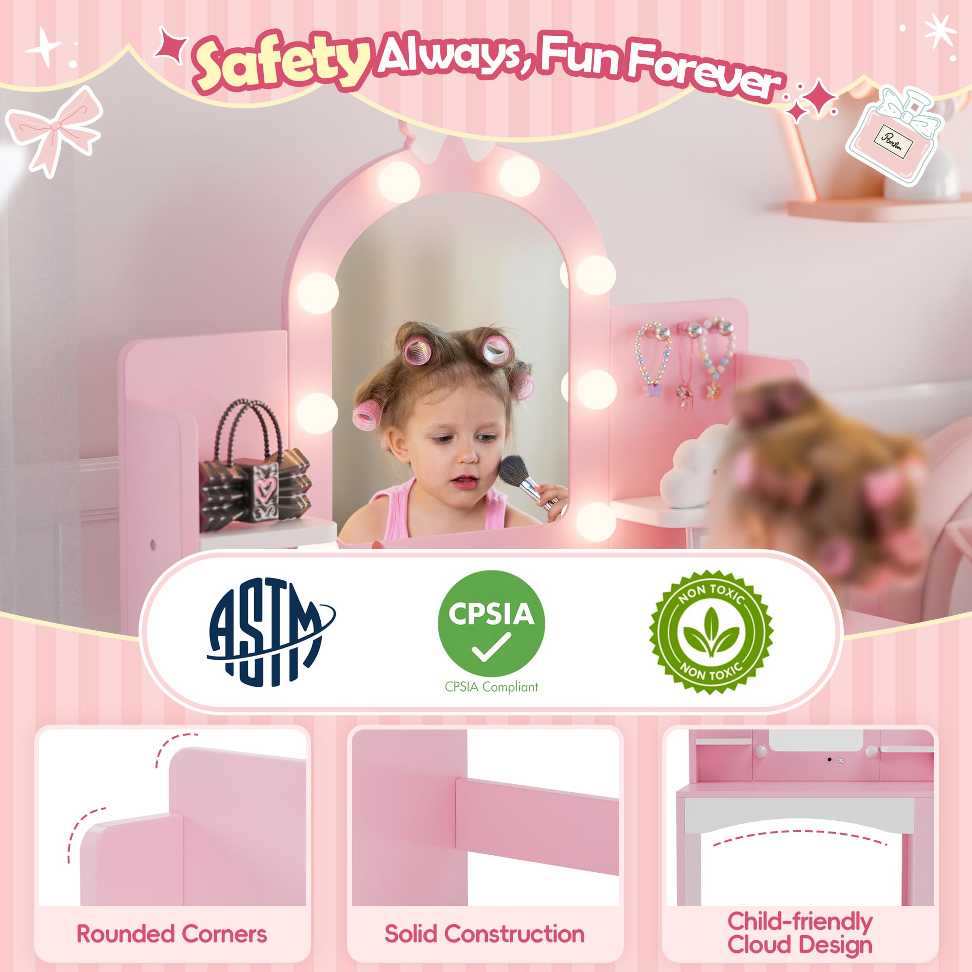 Kids Vanity with LED Mirror and Storage
